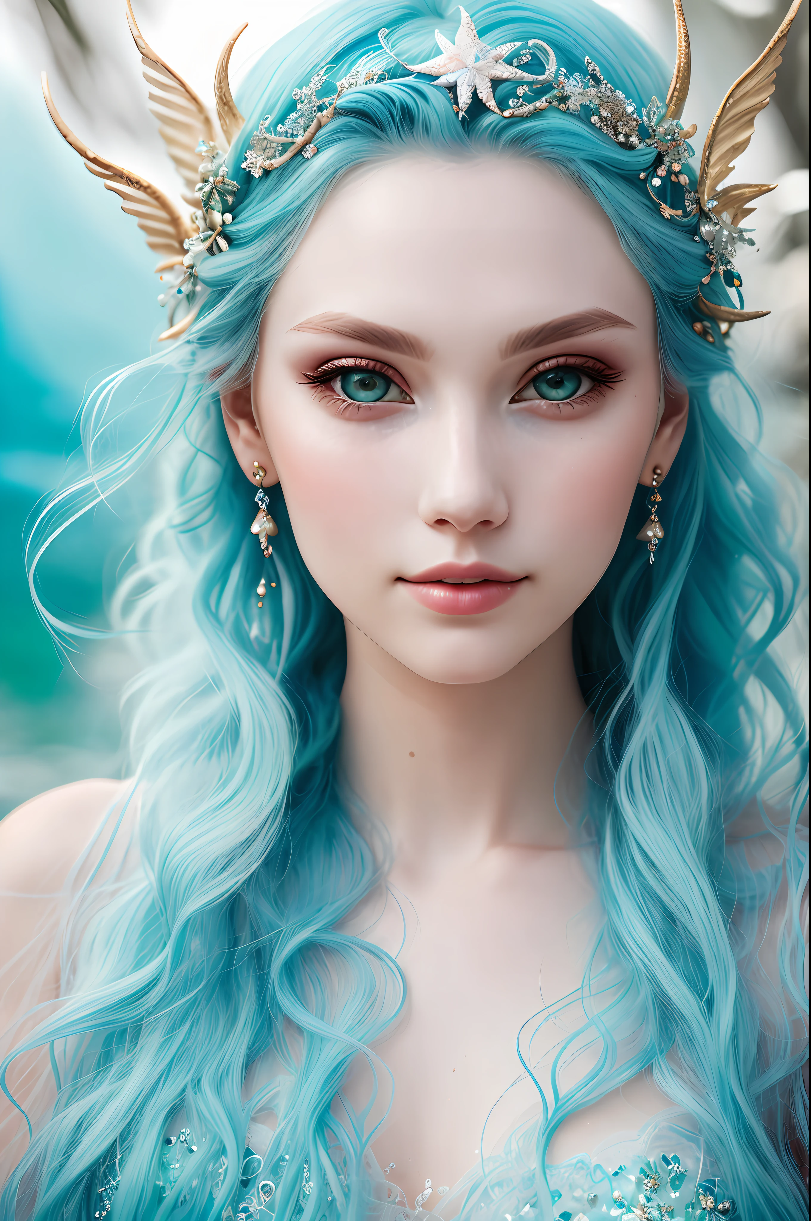 a portrait of mermaid, ethereal, mystical, elusive, alluring, detailed face, high details, photography, cool light, Nikon D850, 50mm, f/1.4