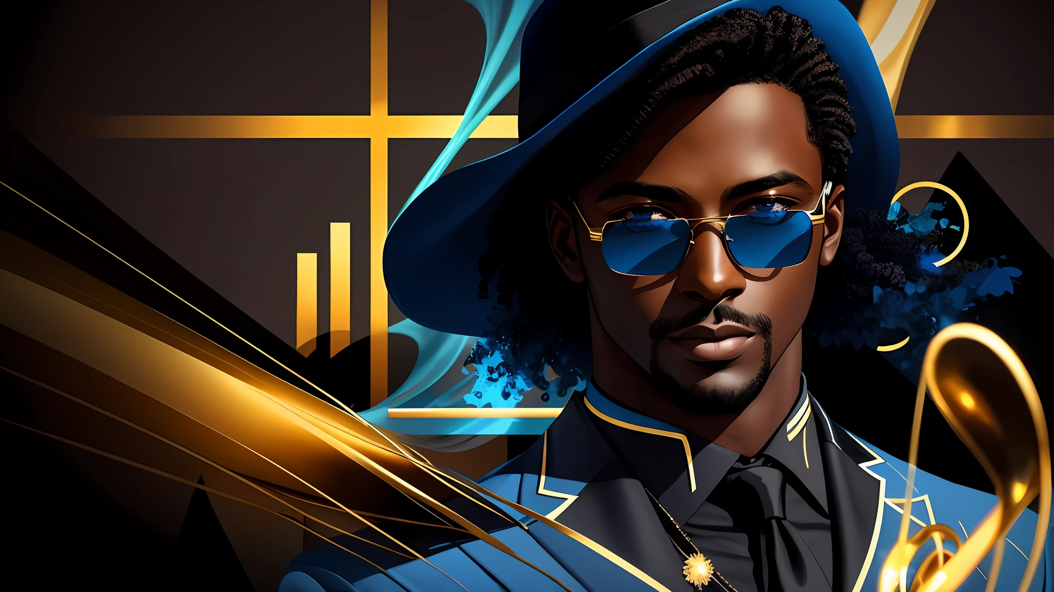 a close up of one dark skinned man (character at the right), black and blue elegant suit, sunglasses, 8k, digital art, stunning digital illustration, no text, blue colored abstract background, music elements, jazz, blues