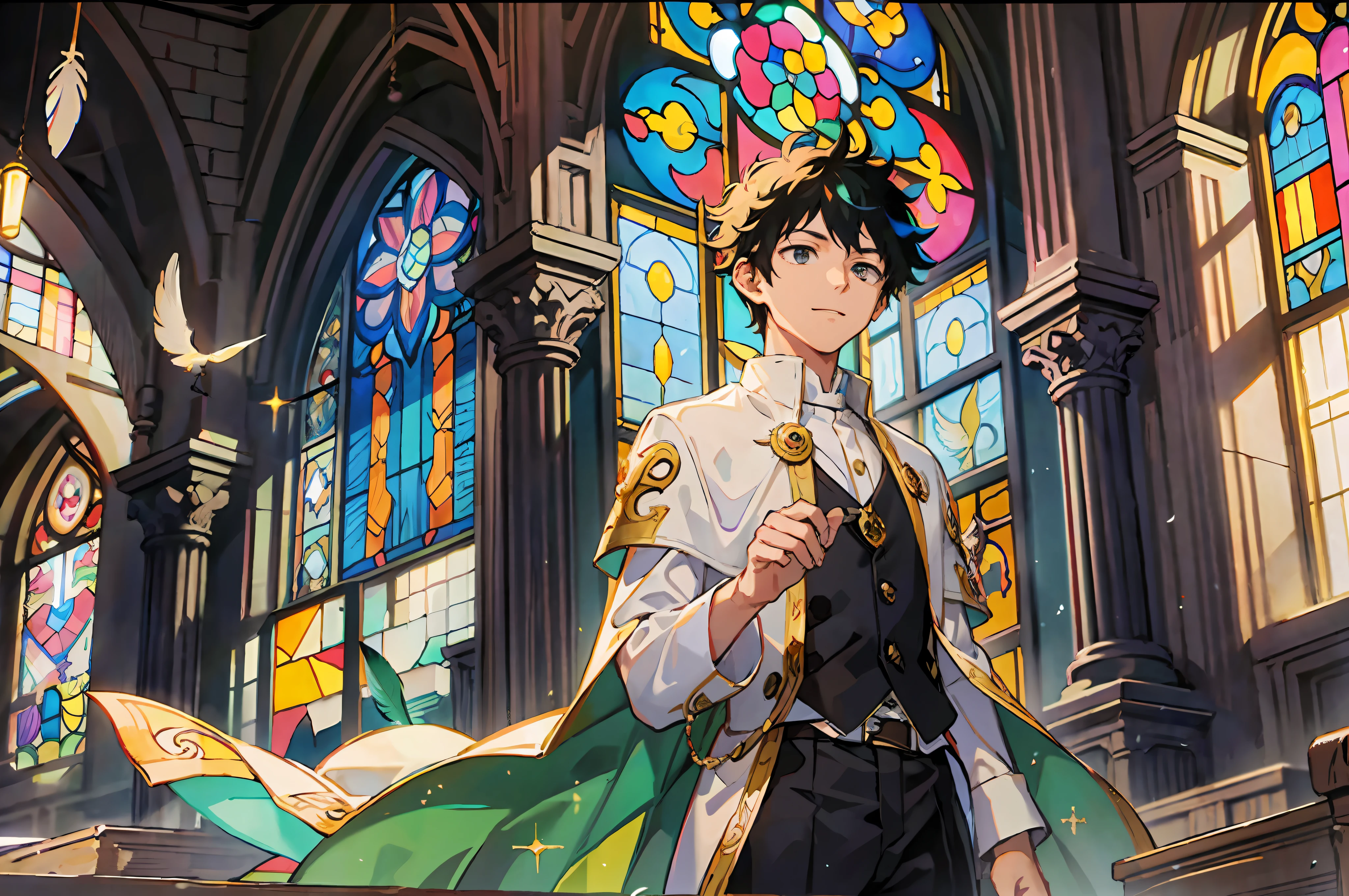 ((Masterpiece: 1.4, highest quality)), ((Masterpiece, highest quality)), (Church: 1.2), (Fragment: 1.2), (Stained Glass: 1.3), Pillar, Canopy, Izuku Midoriya, Priest, Delicate hair, Gentle smile, (Light particles), (Feathers: 1.3), (Faint sunlight coming through the window), Bright atmosphere, (Beholder: 1.3), Cowboy shot