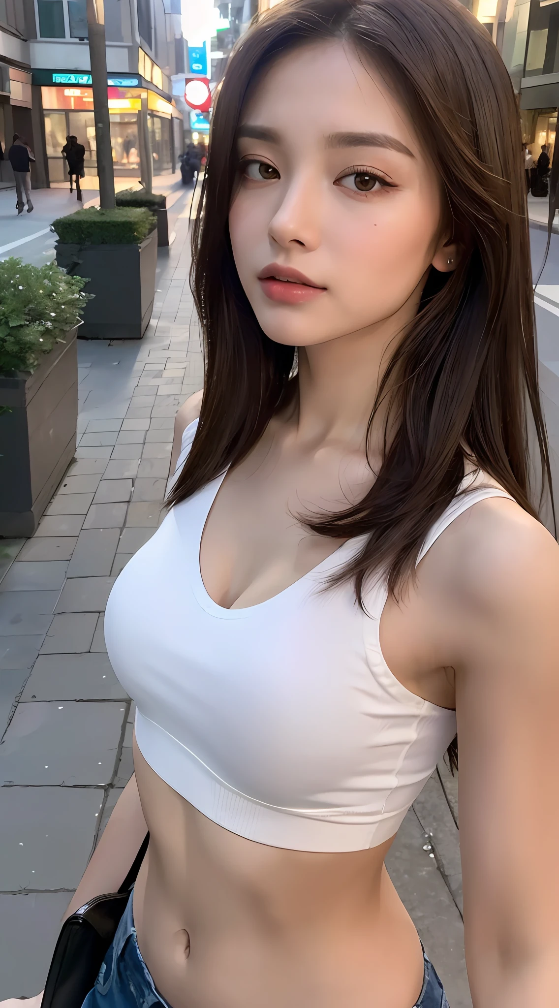 ((Realistic lighting, Best quality, 8K, Masterpiece: 1.3)), Clear focus: 1.2, 1girl, Perfect Figure: 1.4, Slim Abs: 1.1, ((Dark brown hair)), (White crop top: 1.4), (Outdoor, Night: 1.1), City streets, Super fine face, Fine eyes, Double eyelids,