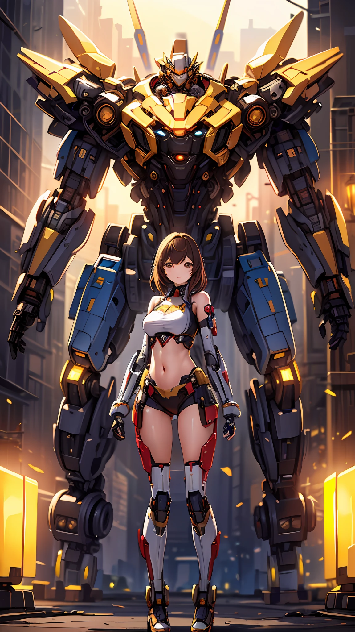 ((Masterpiece, Best Quality)), illustration, ultra-detailed 8K, realistic, clear focus, highly detailed, professional lighting, colorful details, rainbow colors BREAK factory super long shot, (1 large mechanical robot), microchip, computer, luminescence, intricate details, shitu-mecha, 1girl downscale standing in front of the viewer, navel