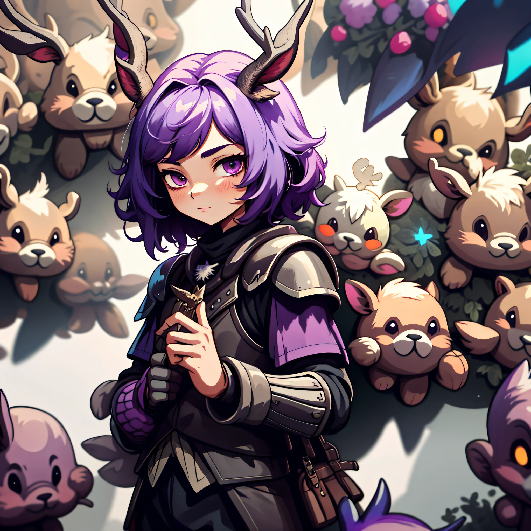 Knight Jackalope, short purple hair, jackalope antlers, dark armor(masterpiece, best quality)