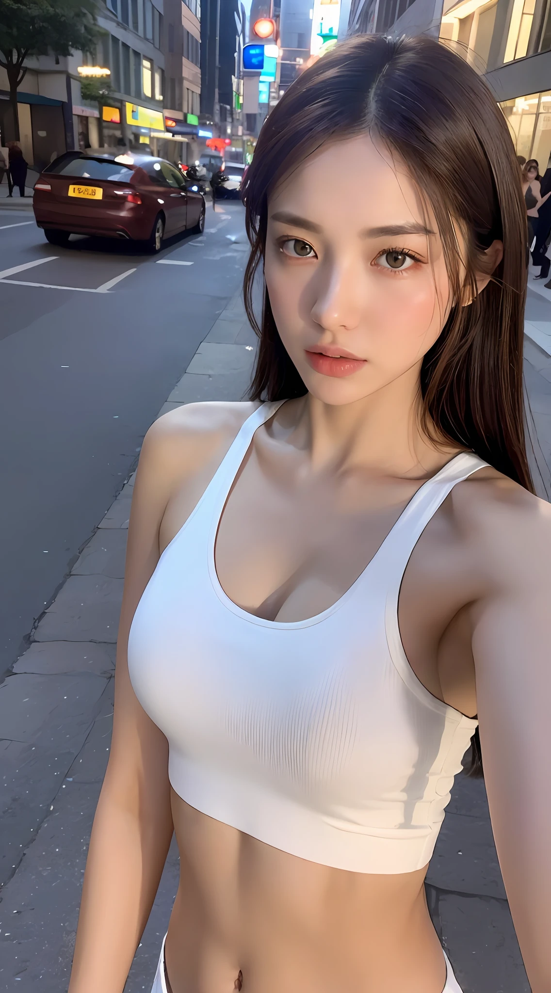 ((Realistic lighting, Best quality, 8K, Masterpiece: 1.3)), Clear focus: 1.2, 1girl, Perfect Figure: 1.4, Slim Abs: 1.1, ((Dark brown hair)), (White crop top: 1.4), (Outdoor, Night: 1.1), City streets, Super fine face, Fine eyes, Double eyelids,