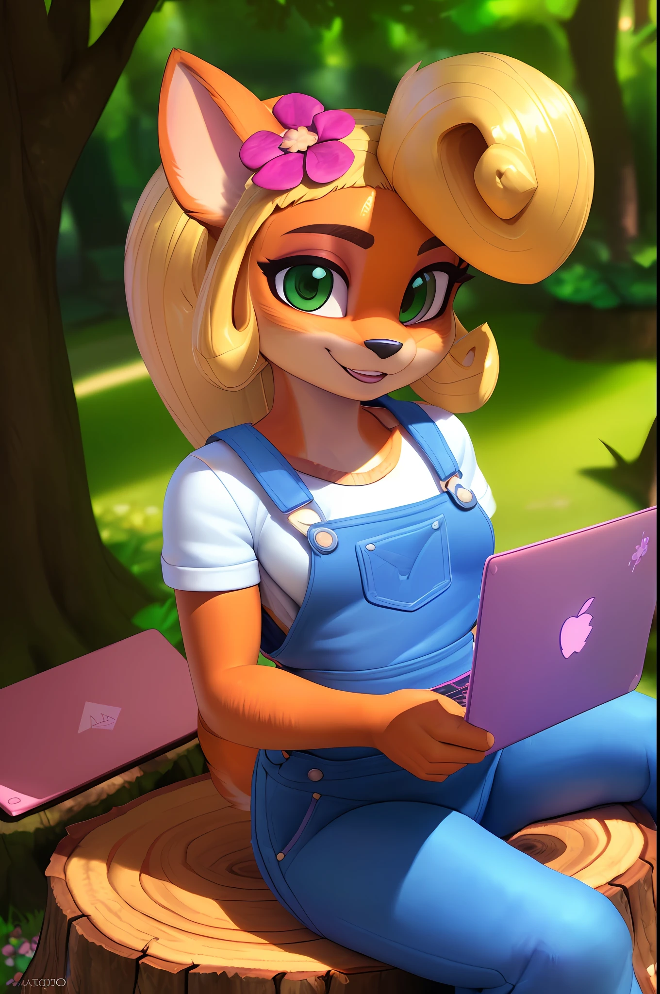 [Coco bandicoot], [Uploaded to e621.net; (Pixelsketcher), (wamudraws)], ((masterpiece)), ((solo portrait)), ((1girl)), ((raw photo)), ((furry; anthro)), ((detailed fur)), ((raytracing)), ((detailed shading)), ((beautiful 3D art)), ((dynamic lighting)), {anthro; (orange fur, black nose, pointed ears), cute green eyes, blonde hair, curly ponytail, happy smile, (white shirt, small boobs, blue denim overalls), (pink flower in hair), pink sneakers}, ((sitting on tree stump; crisscross, pink laptop)), [background; flower plains; (trees, sun rays through trees, pink purse on stump)]