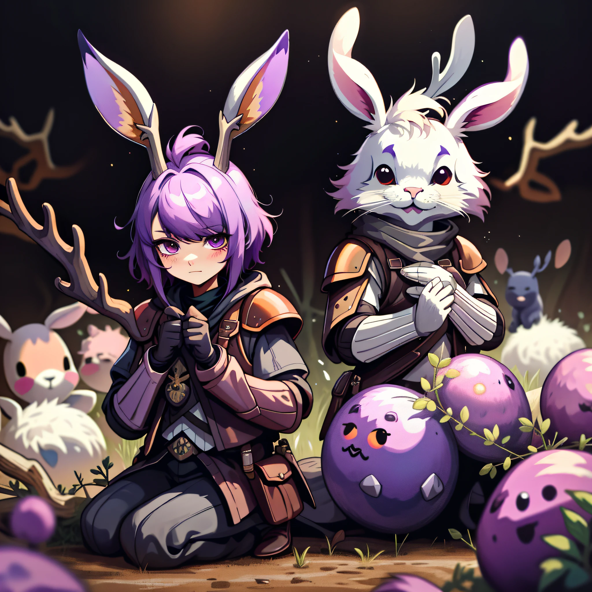 Knight Jackalope, short purple hair, jackalope antlers, dark armor(masterpiece, best quality)