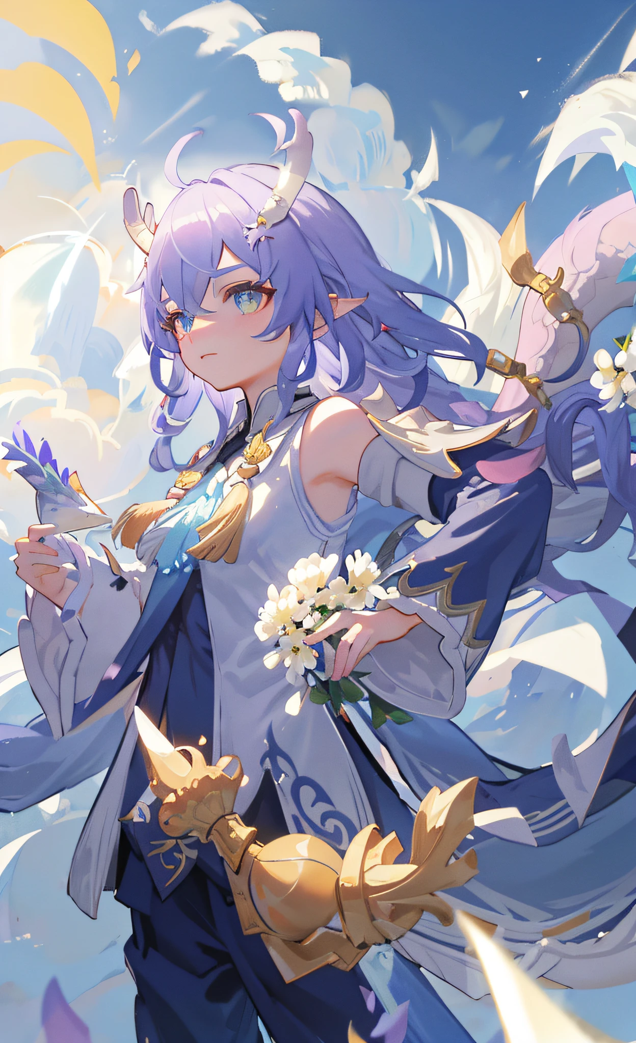 (Masterpiece), (Excellent), (Extremely Fine), White Dew, Square, Spectator, Dragon's Tail Horns, Upper Body, Flowers, Streamers, Clouds,