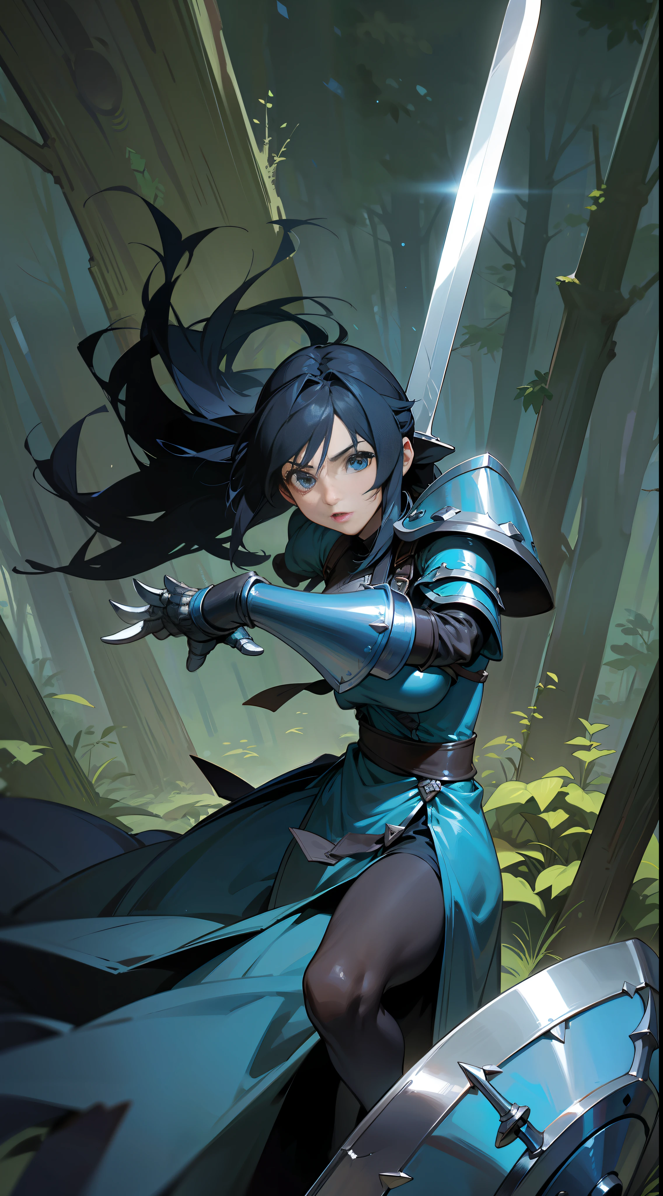 Rinoa, from Final Fantasy 8, wearing a dark blue dress armor, with a large blue sword and a shield, full gauntlets, perfect anatomy, perfect face, forest background