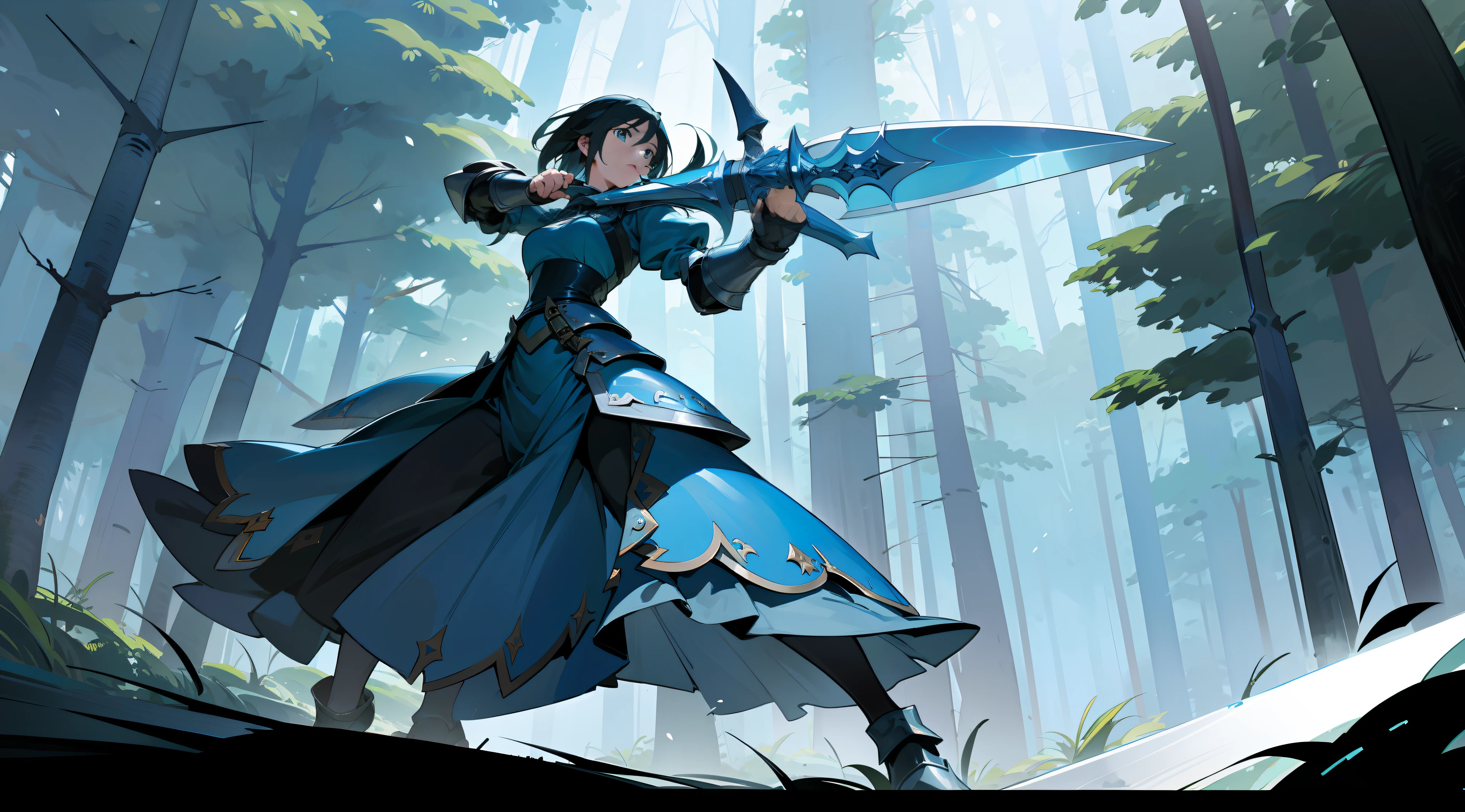 Rinoa, from Final Fantasy 8, wearing a dark blue dress armor, with a large blue sword and a shield, full gauntlets, perfect anatomy, perfect face, forest background