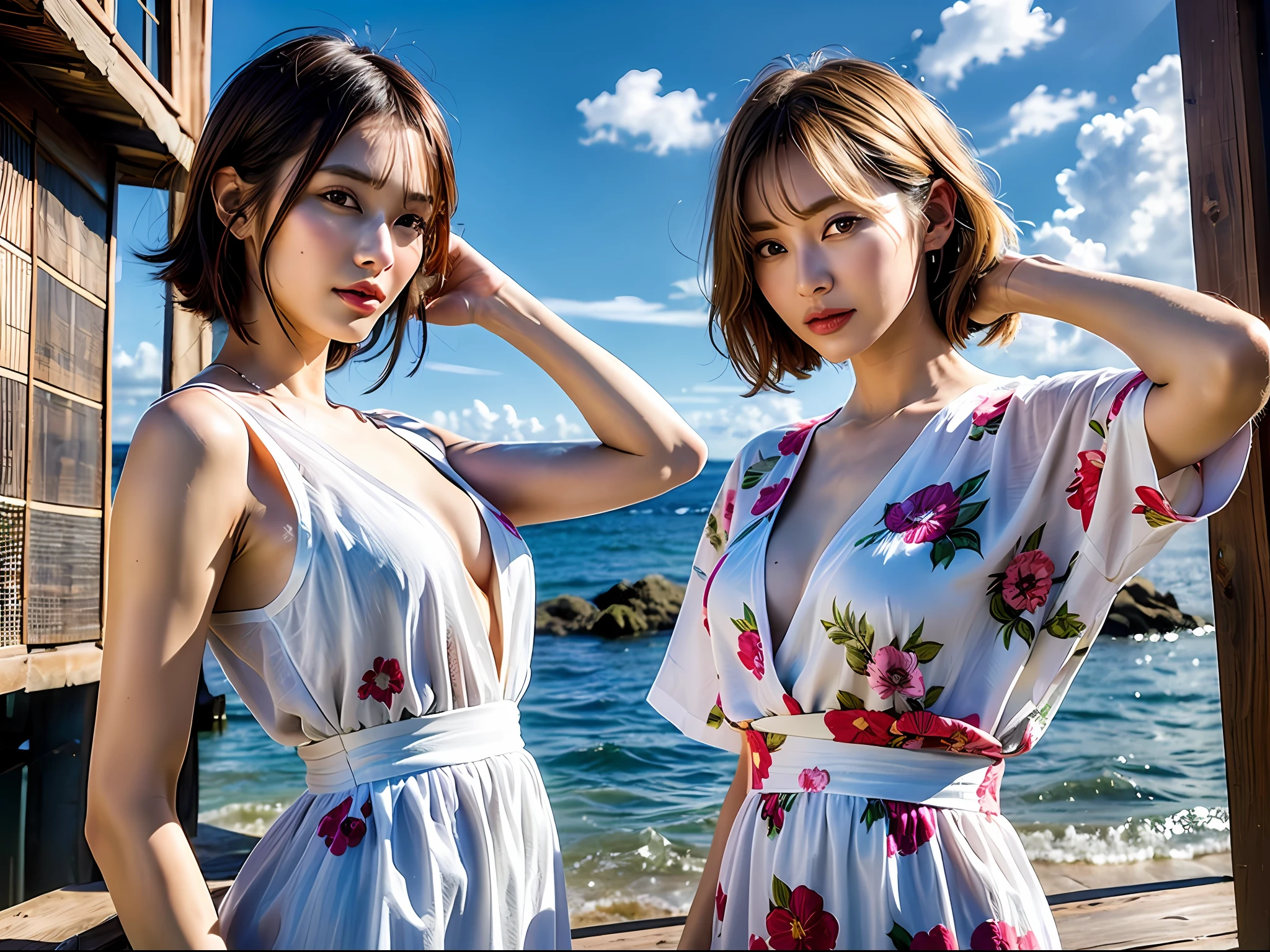 (8k, Best Quality, Masterpiece:1.2),(hair_style) ,(Realistic, Photorealistic:1.37), Best Quality, Masterpiece, Shot on a wooden deck with a view of the sky and sea in the summer sun, [Small breasts], Two models with a similar atmosphere, two people arranged in a well-balanced manner, high balance, backlight, camera angle from below, Hands over the ears, Shot in natural light from morning to noon, Hairstyle and fashion style according to the trend of Japan in 2023, realistic, lifelike, super detailed, beautiful face, 30s, actress, Japan and half Russian model, elaborate CG, slender, cute, adult, hairstyle is two long models and bob models according to the Japan fashion of 2023, hair fluttering in the wind, delicate skin type, The fine details and softness of the hair, the model's hair color is slightly bright and soft, the glossy makeup, fashion style is a cheerful impression with a bright color surf fashion without exposure that matches the summer trend of 2023