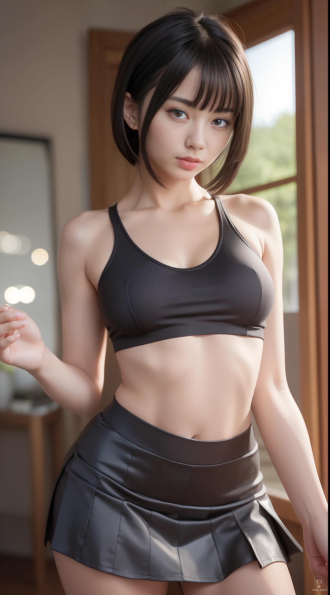 (RAW photo best quality) (realistic photo-realistic: 1.3) best quality masterpiece extremely delicate and beautiful extremely detailed CG unity 32k wallpaper amazing finely detailed masterpiece light smile best quality CG unity 32k wallpaper huge filesize ultra-detailed highres extremely detailed 1girl chinese girl slim body slender abs small breasts looking into camera (delicate crop top:1) (high-waisted short skirt:1) (bob hair) (black hair) sharp focus hyperrealism