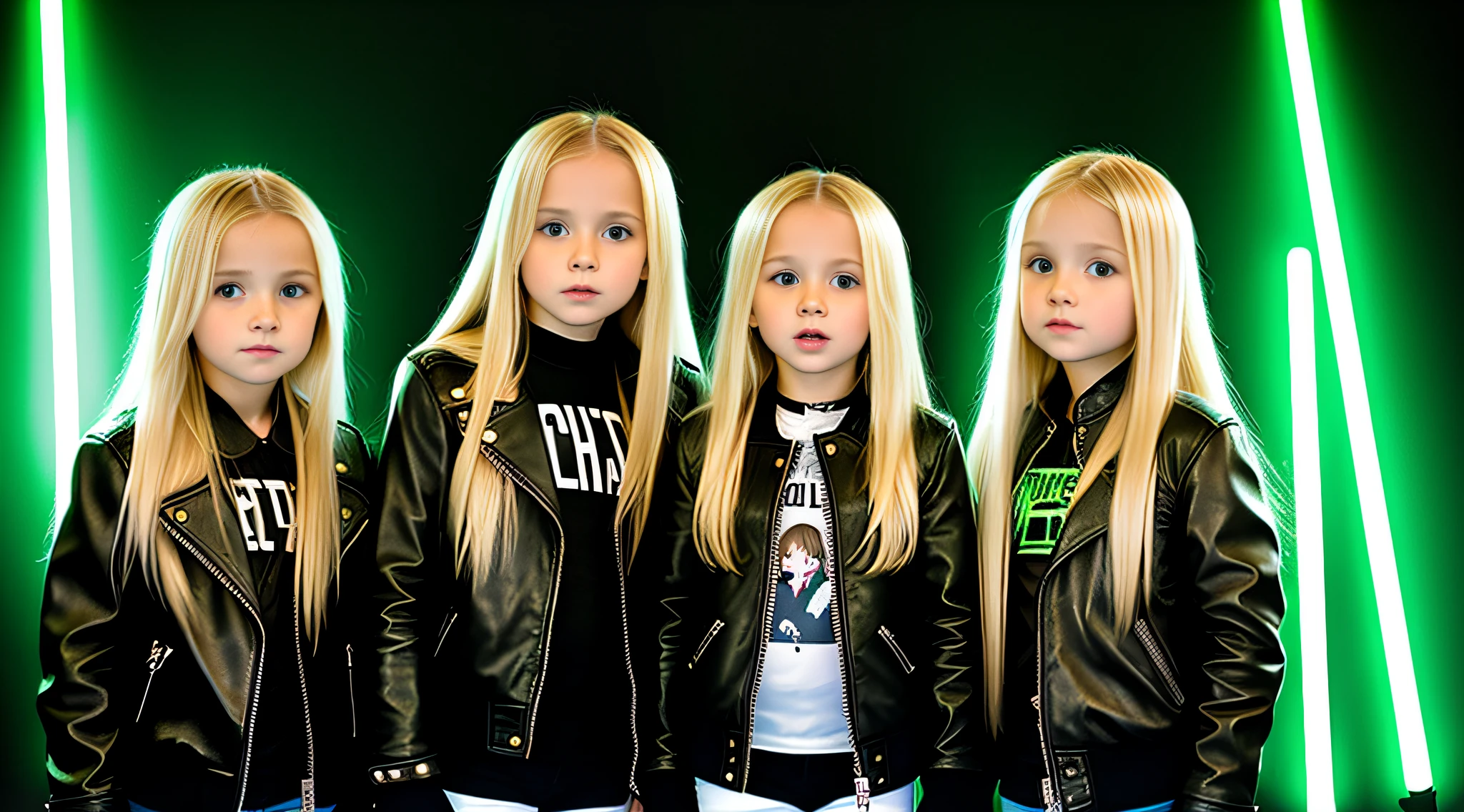 3 GIRLS Russian children with 10 years old, WITH LONG BLONDE STRAIGHT HAIR, WITH BLACK LEATHER JACKETS, PORTRAIT STYLE singing into a microphone, illuminated from the green light side.