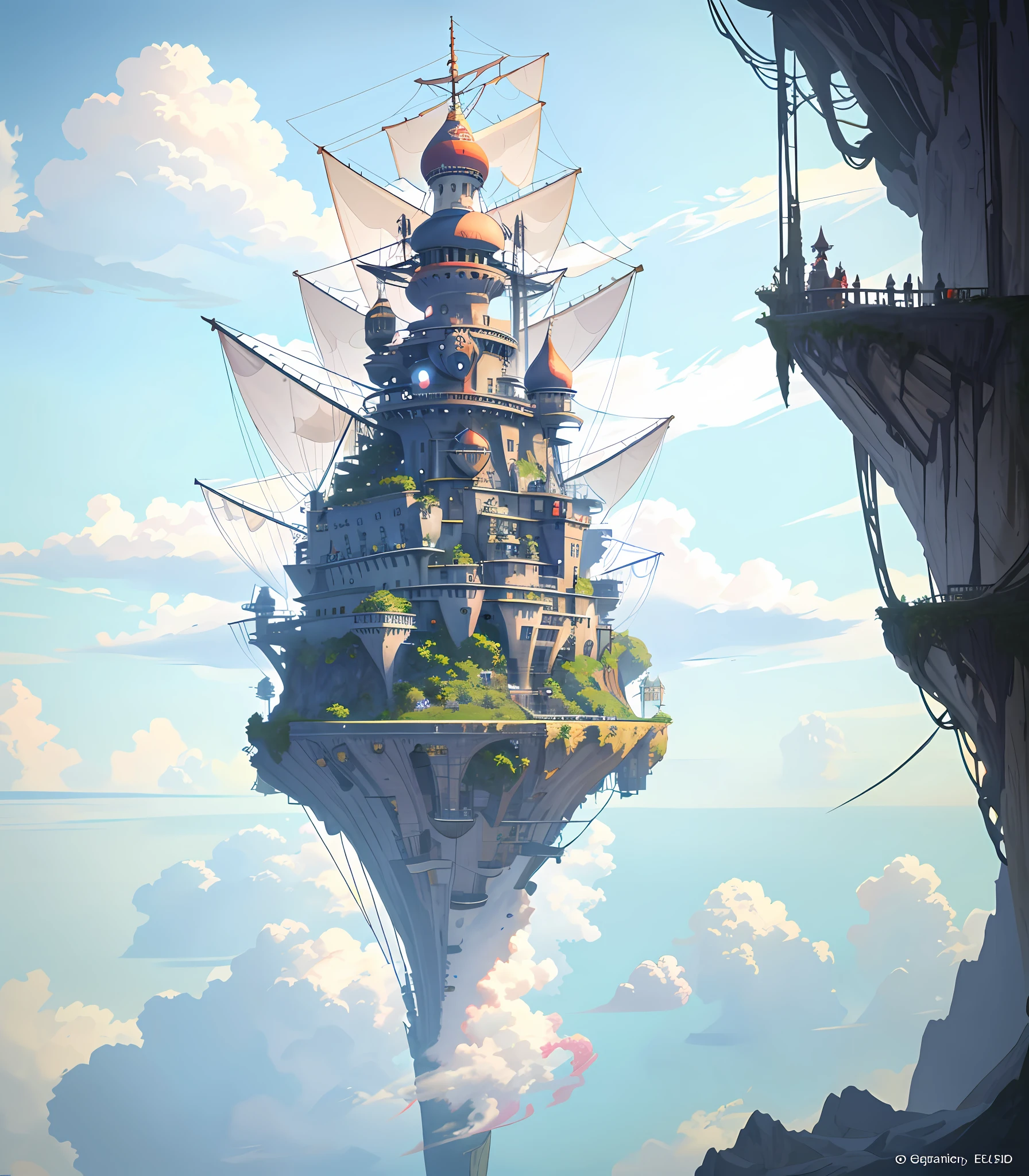 Many islands are suspended in the air with many small airships flying around, cities, fantasy, magical plants growing, extreme details, realistic light, epic composition, (complex details), (complex design, ultra-details :1.2), Art Station, (Masterpiece, Best Quality), Ultra HD, 32k --v 6