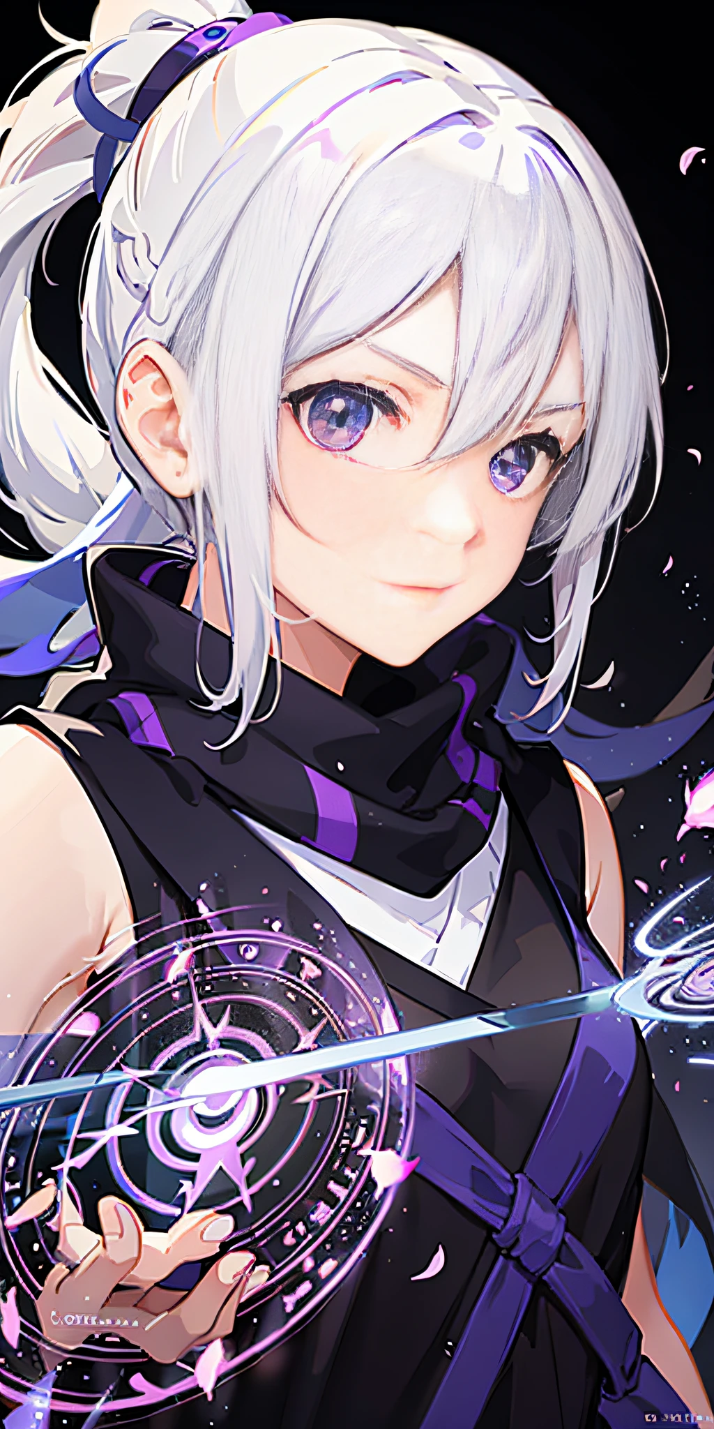 upper body, 1girl, white hair, ponytail, purple eyes, (ninja), short sword, medium breats ,scarf, wallpaper, magic circle background, light particles, blue fire,