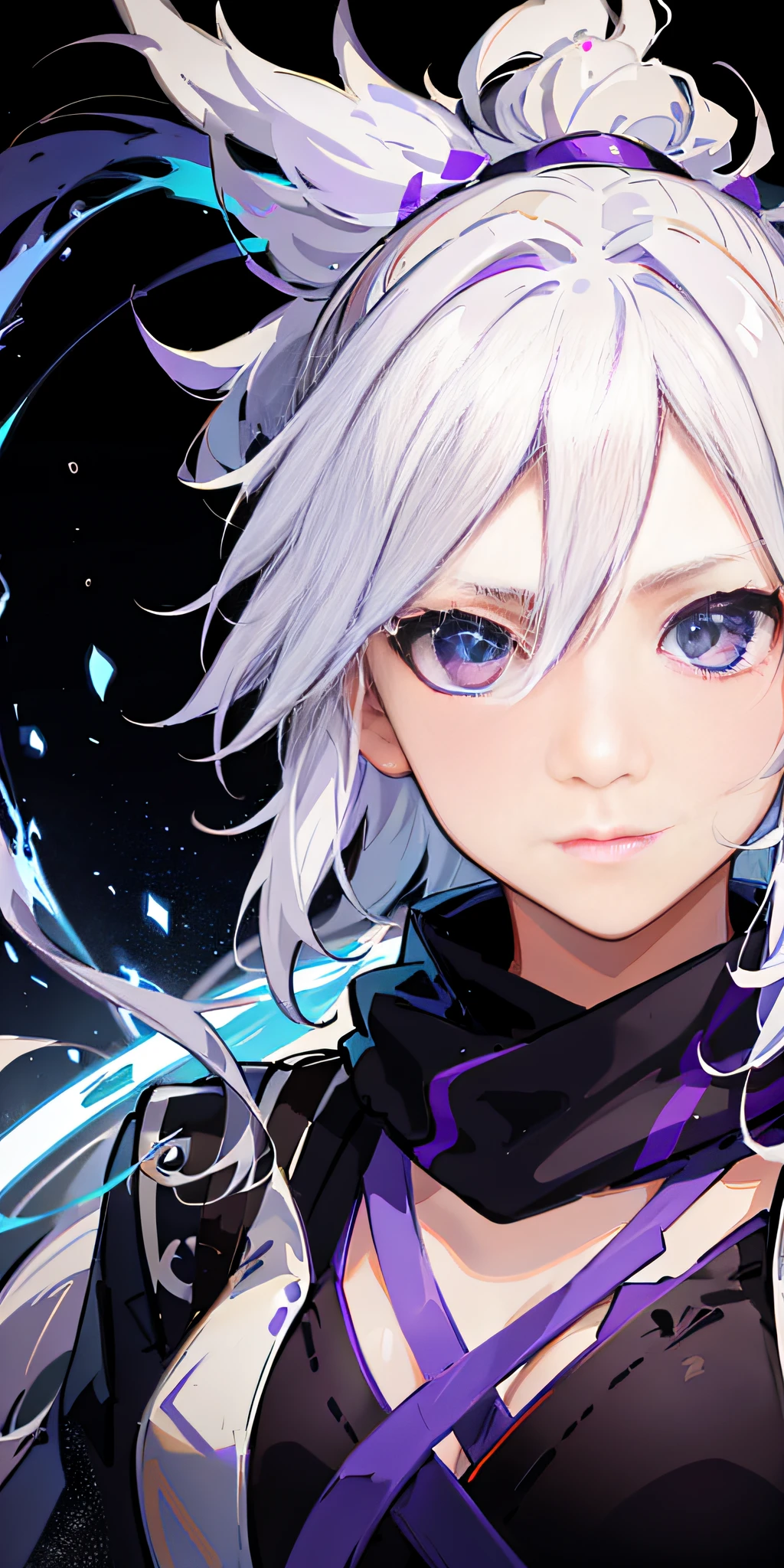 upper body, 1girl, white hair, ponytail, purple eyes, (ninja), short sword, medium breats ,scarf, wallpaper, magic circle background, light particles, blue fire,