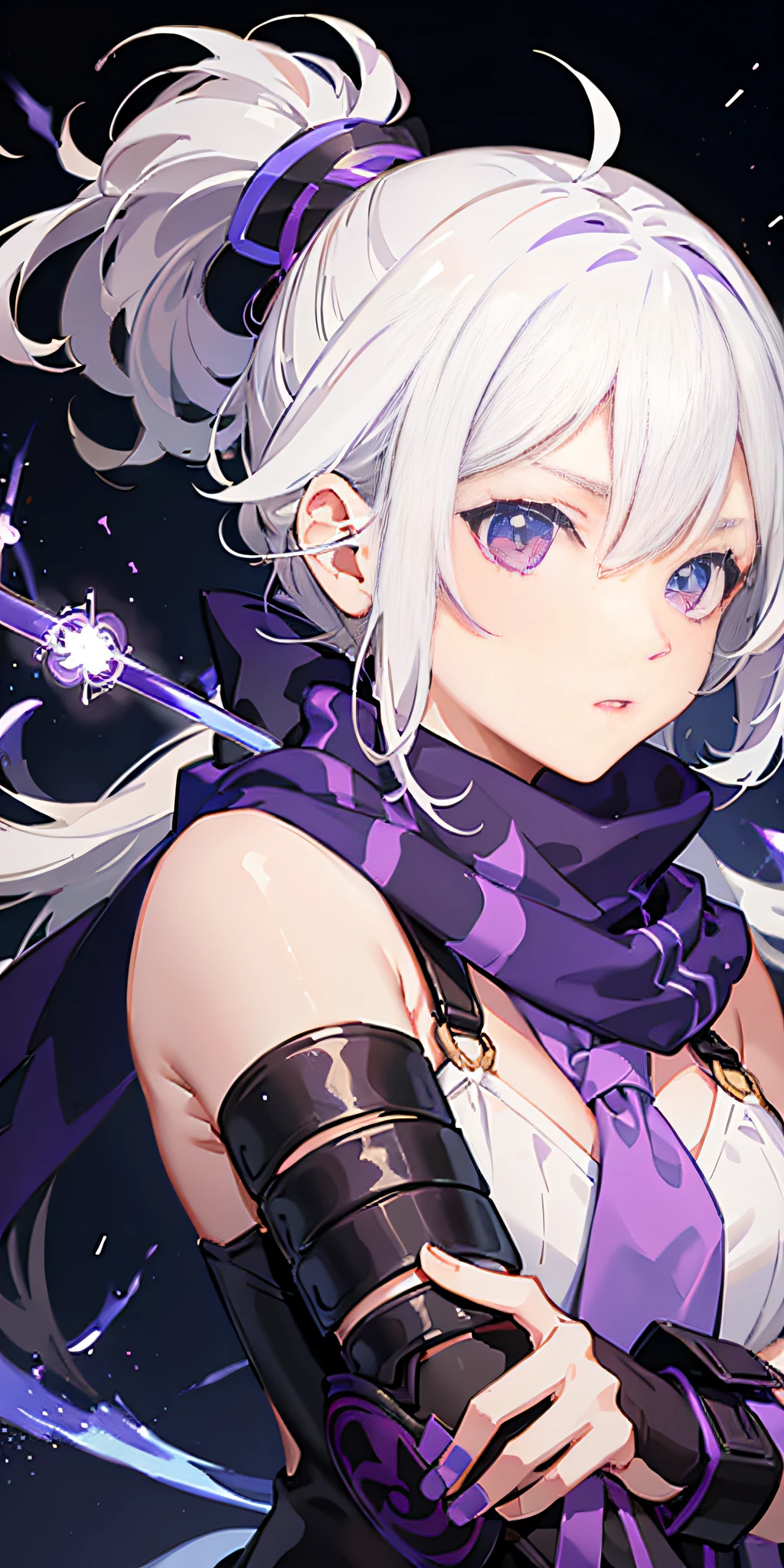 upper body, 1girl, white hair, ponytail, purple eyes, (ninja), short sword, medium breats ,scarf, wallpaper, magic circle background, light particles, blue fire,