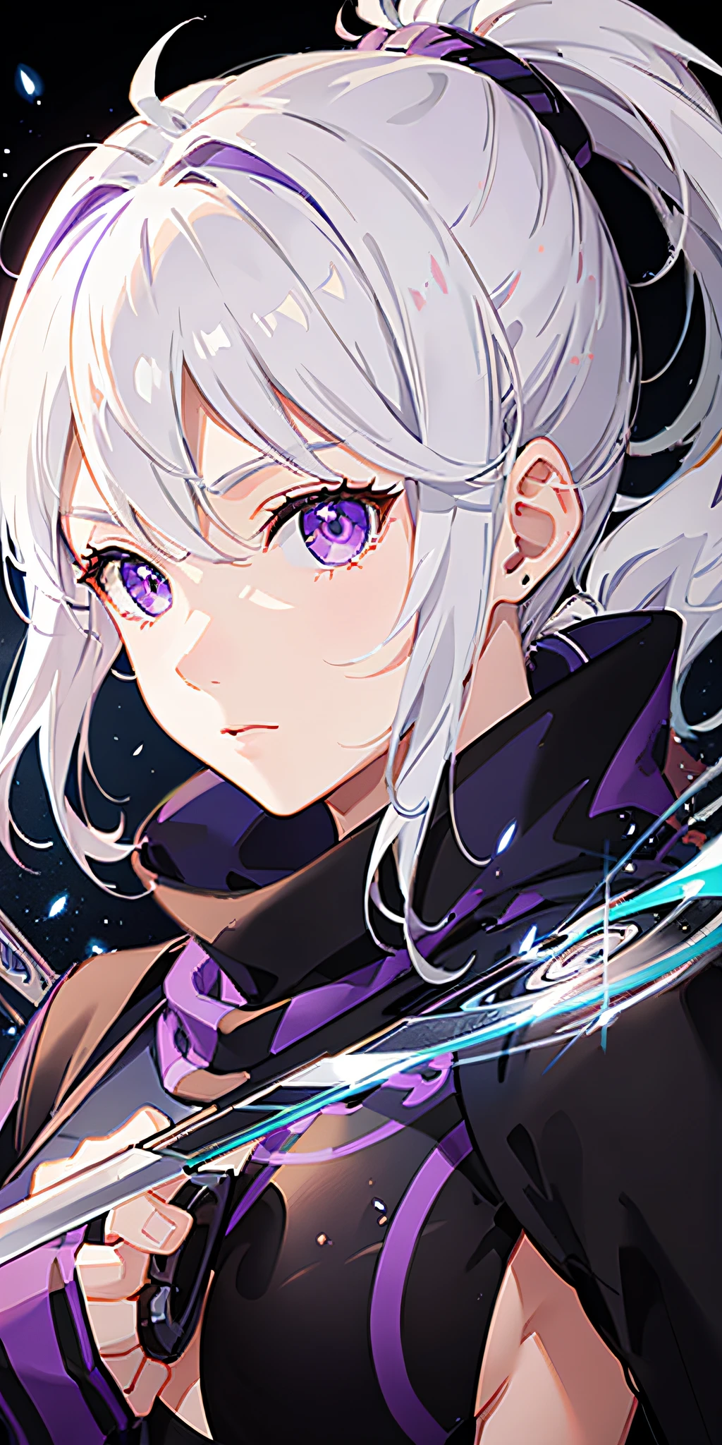 upper body, 1girl, white hair, ponytail, purple eyes, (ninja), short sword, medium breats ,scarf, wallpaper, magic circle background, light particles, blue fire,