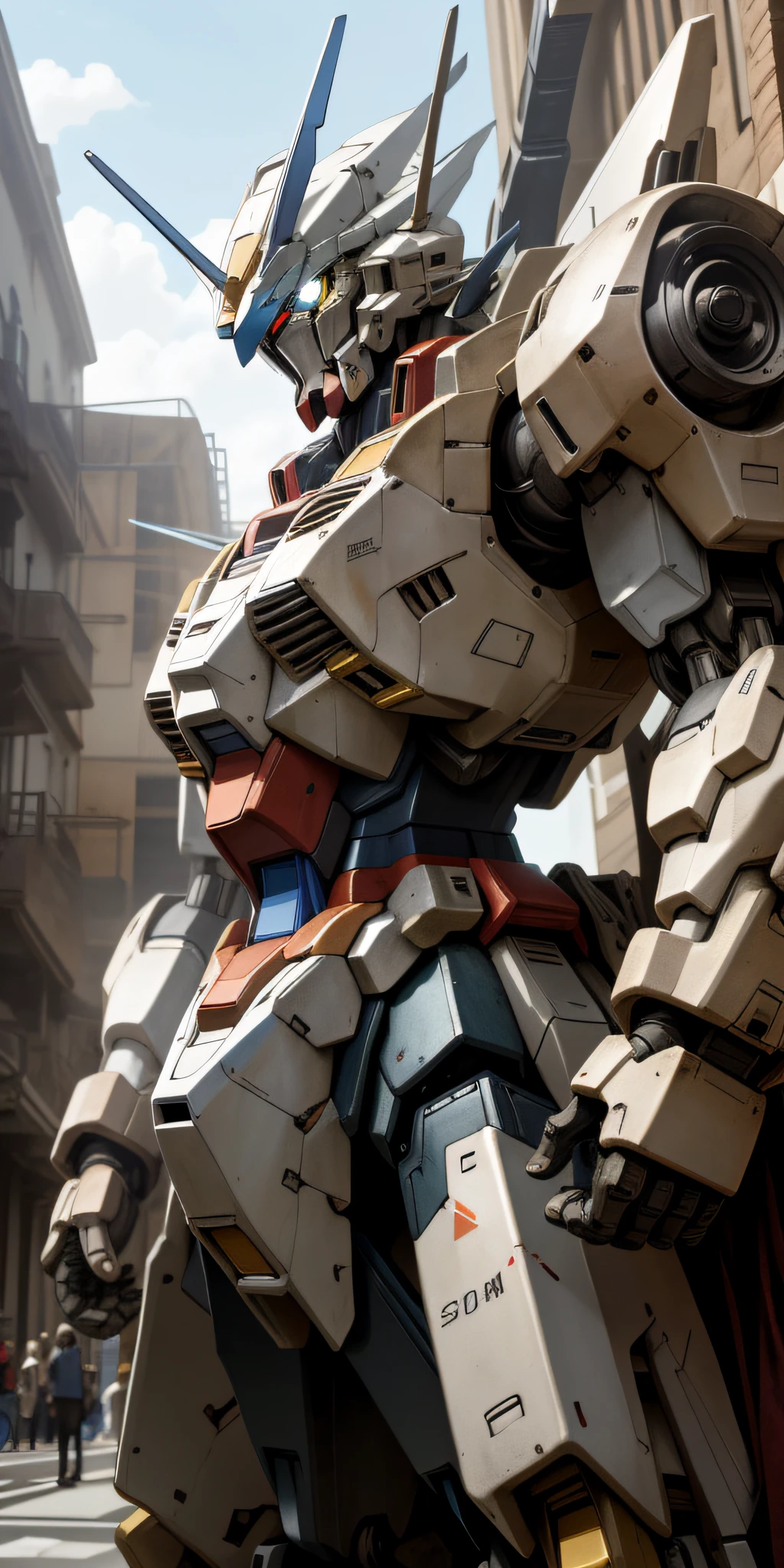 Gundam, perfect eyes, in mecha suit, intricate, (steel metal), elegant, clear focus, photographed by Greg Rutkowski, soft lighting, bright colors, masterpiece, ((street)), cowboy shooting, dynamic pose,