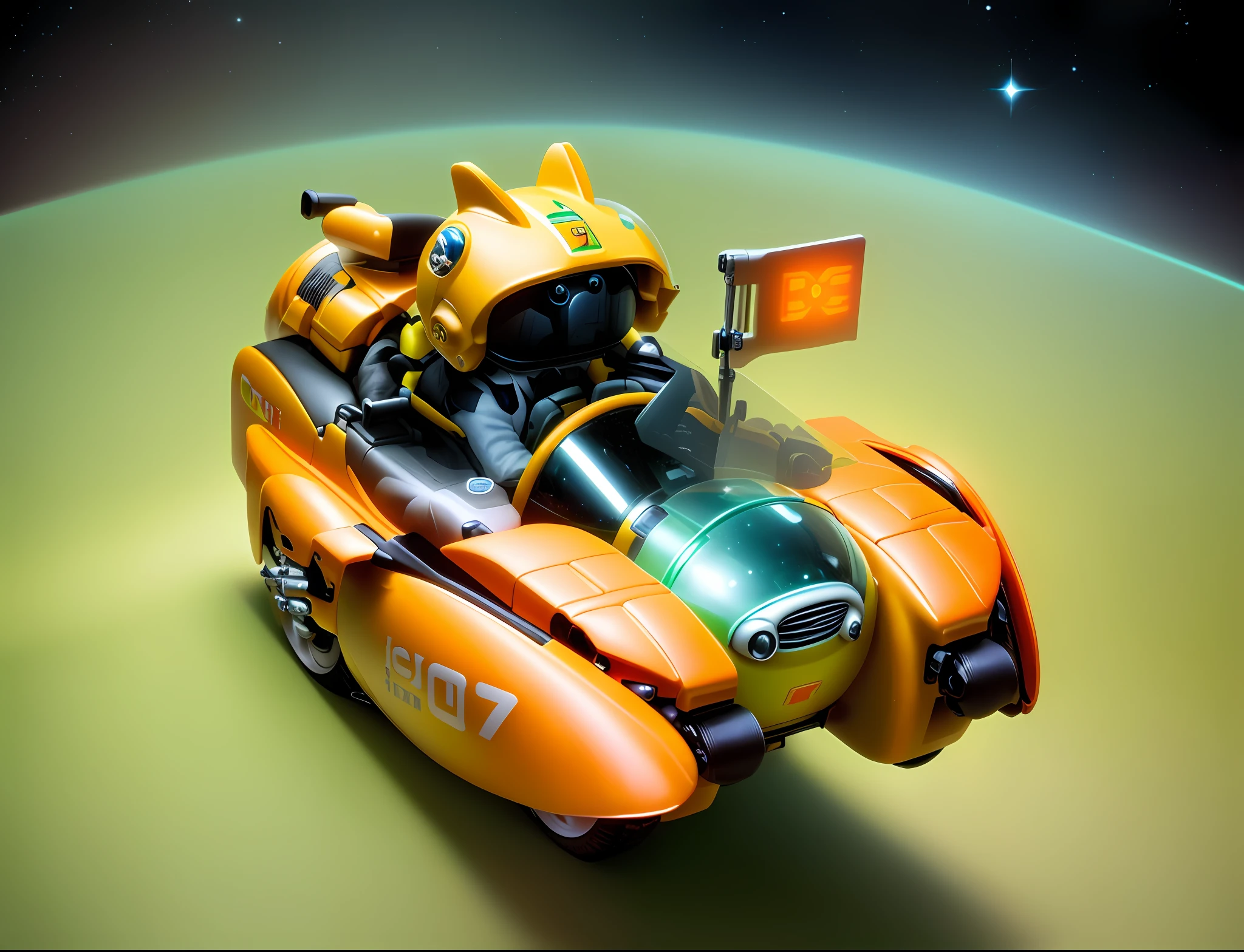 there is a toy car with a cat in it and a dog in it, speeder, duck themed spaceship, cute future vehicles, anime robotic mixed with organic, plastic toy, pod racer, toy design, totorrl, floating vehicles, heng z, space ship gribble, a mcdonalds gundam, corgi cosmonaut, duck shaped spaceship