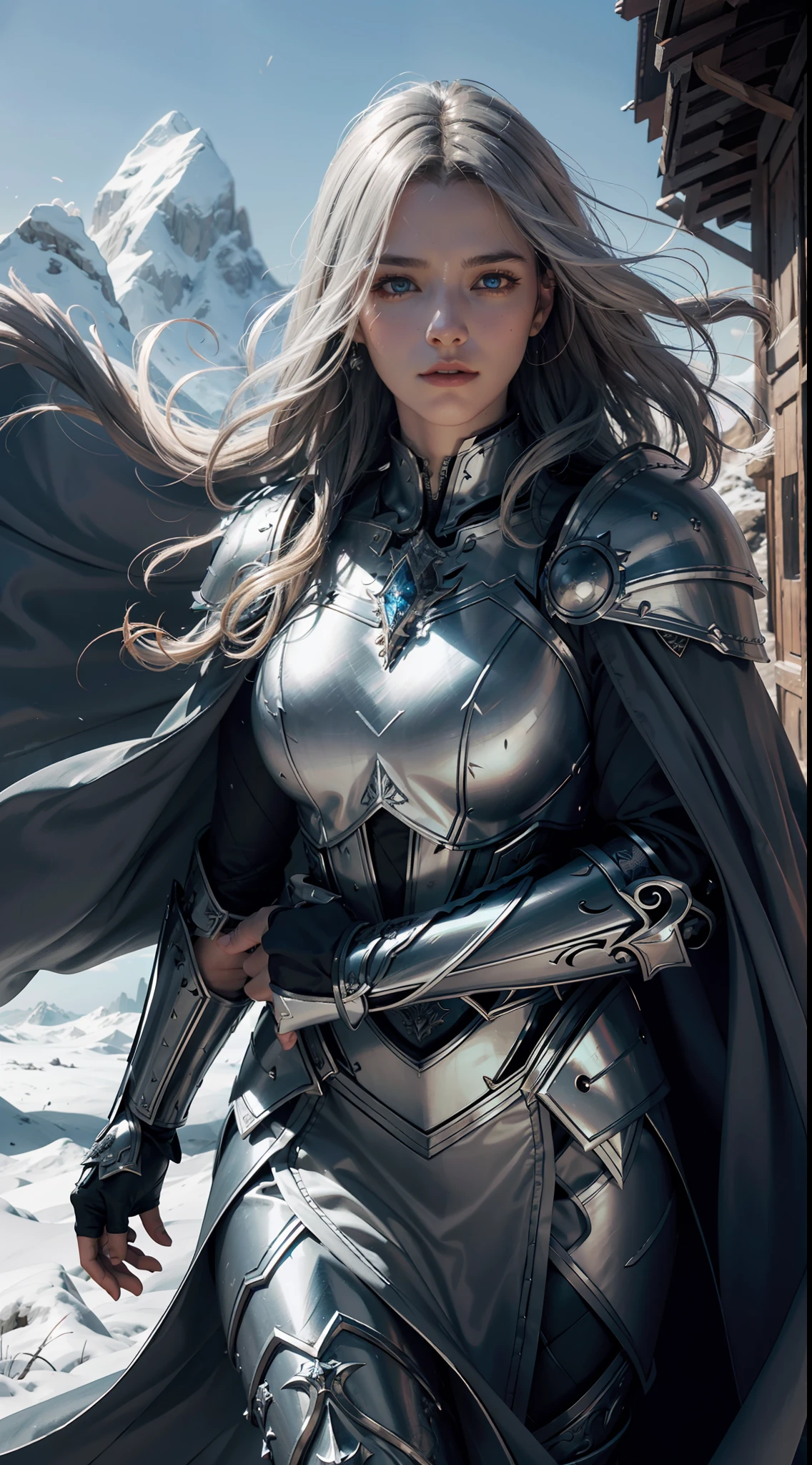 8k,ultra detailed, masterpiece, best quality, (extremely detailed), dynamic angle, Mysterious expression, wind effect, fantasy background, rim lighting, cinematic light, ultra high res, 8k uhd, film grain,best shadow, delicate, RAW, light particles, detailed skin texture, detailed armor texture, detailed face, intricate details, ultra detailed, bright, strong, silver armor, (holding sword), slashing, slash action, pauldrons, glowing eyes, long cape, fantasy, (realistic), shoulder armor, complex, intricate, perfect lighting, looking at viewer, cinematic lighting, flying in sky,flying, holy light, vivid, bangs, windy, frozen mountains, long white wavy hair