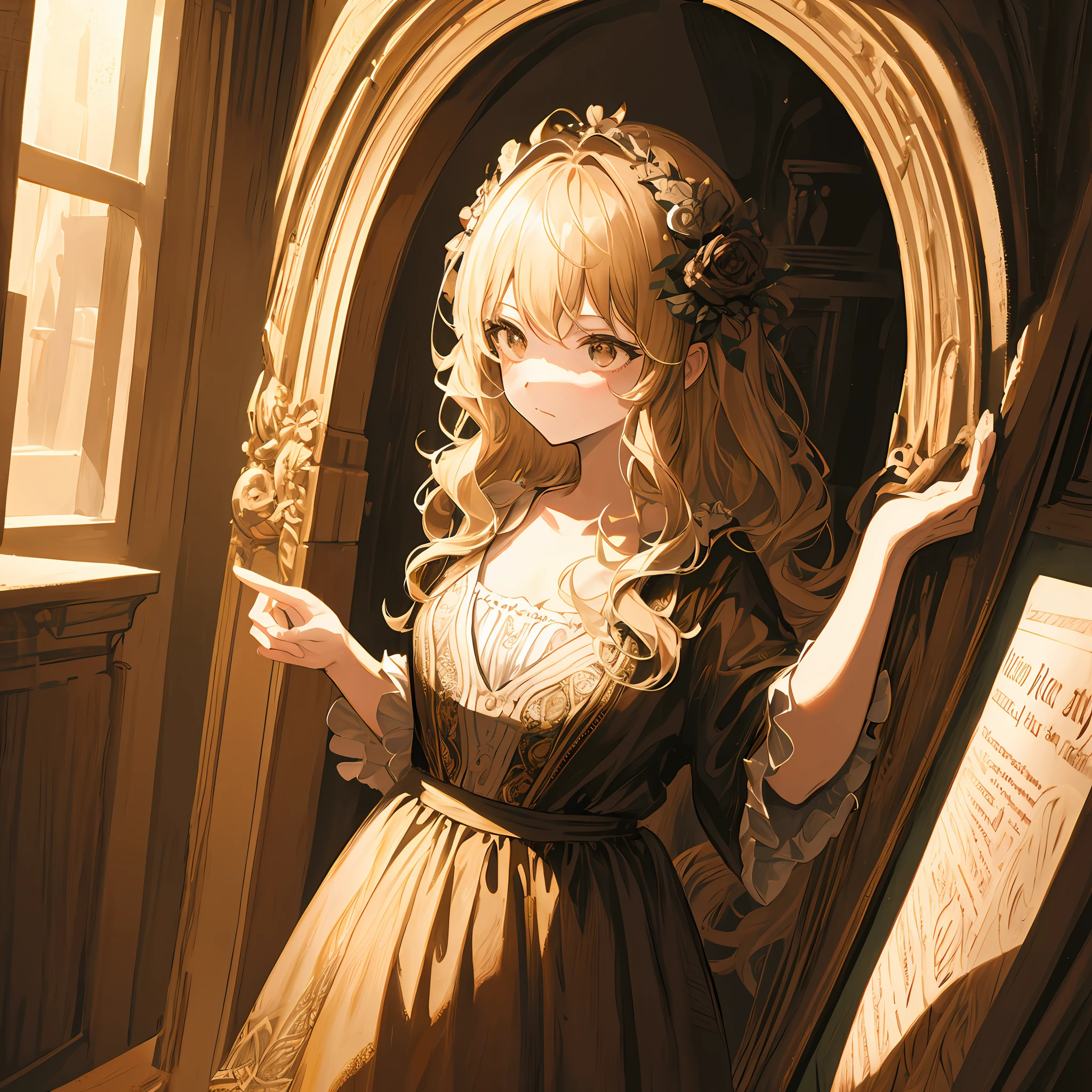 massterpiece, best quality, absurdity, highres, 4k, etching, engraving, chiaroscuro, 1girl, wavy hair, solo, theatre, latin language, baroque