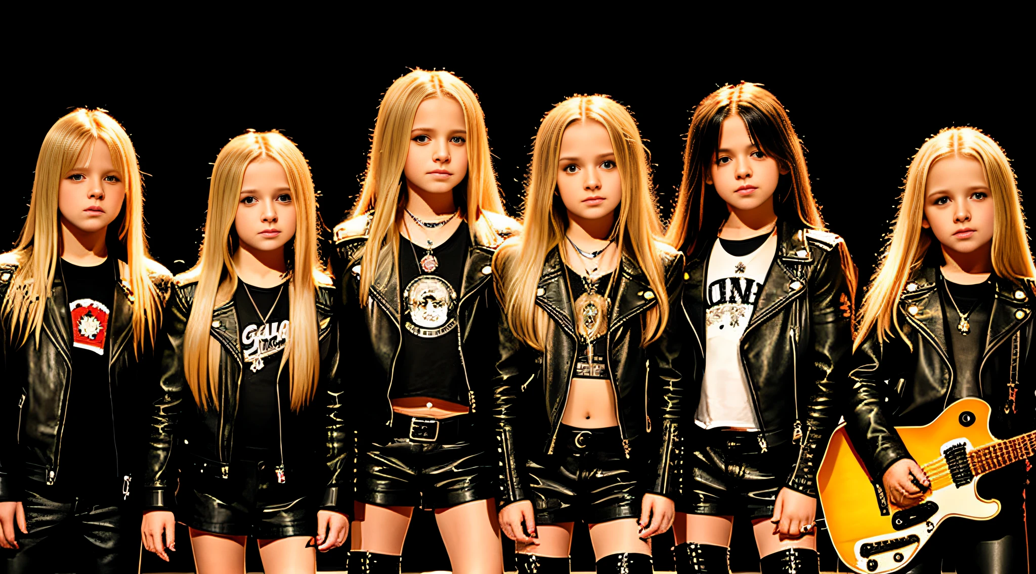 3 GIRLS Russian children , WITH LONG BLONDE STRAIGHT HAIR, WITH BLACK LEATHER JACKETS, PORTRAIT STYLE singing into a microphone, facing sideways, profile picture, February), concert photo, johnny, chains, edge to edge, rob, lit up from the side