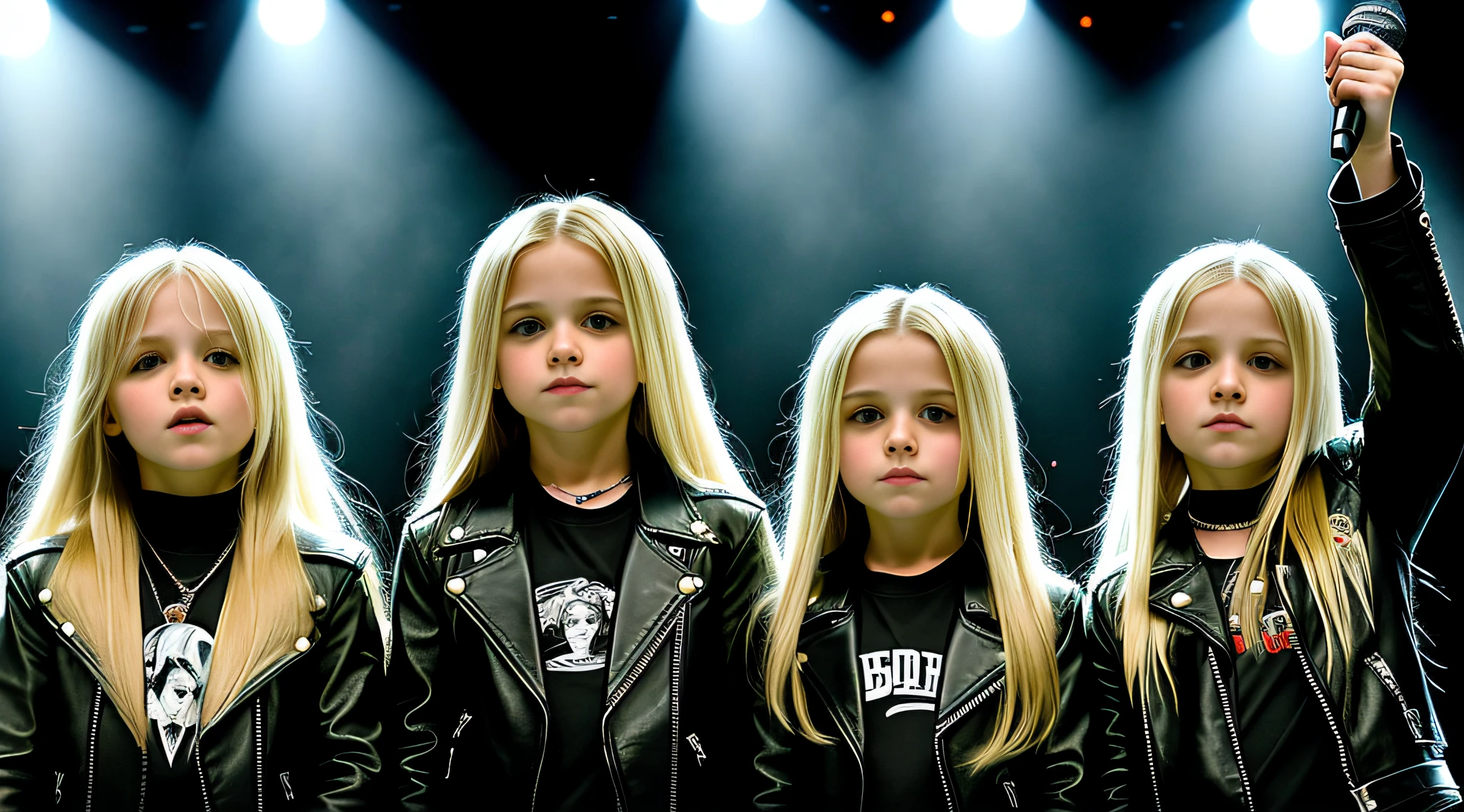 3 GIRLS Russian children 10 years old, WITH LONG BLONDE STRAIGHT HAIR, WITH BLACK LEATHER JACKETS, PORTRAIT STYLE singing into a microphone, facing sideways, profile picture, February), concert photo, johnny, chains, edge to edge, rob, lit up from the side