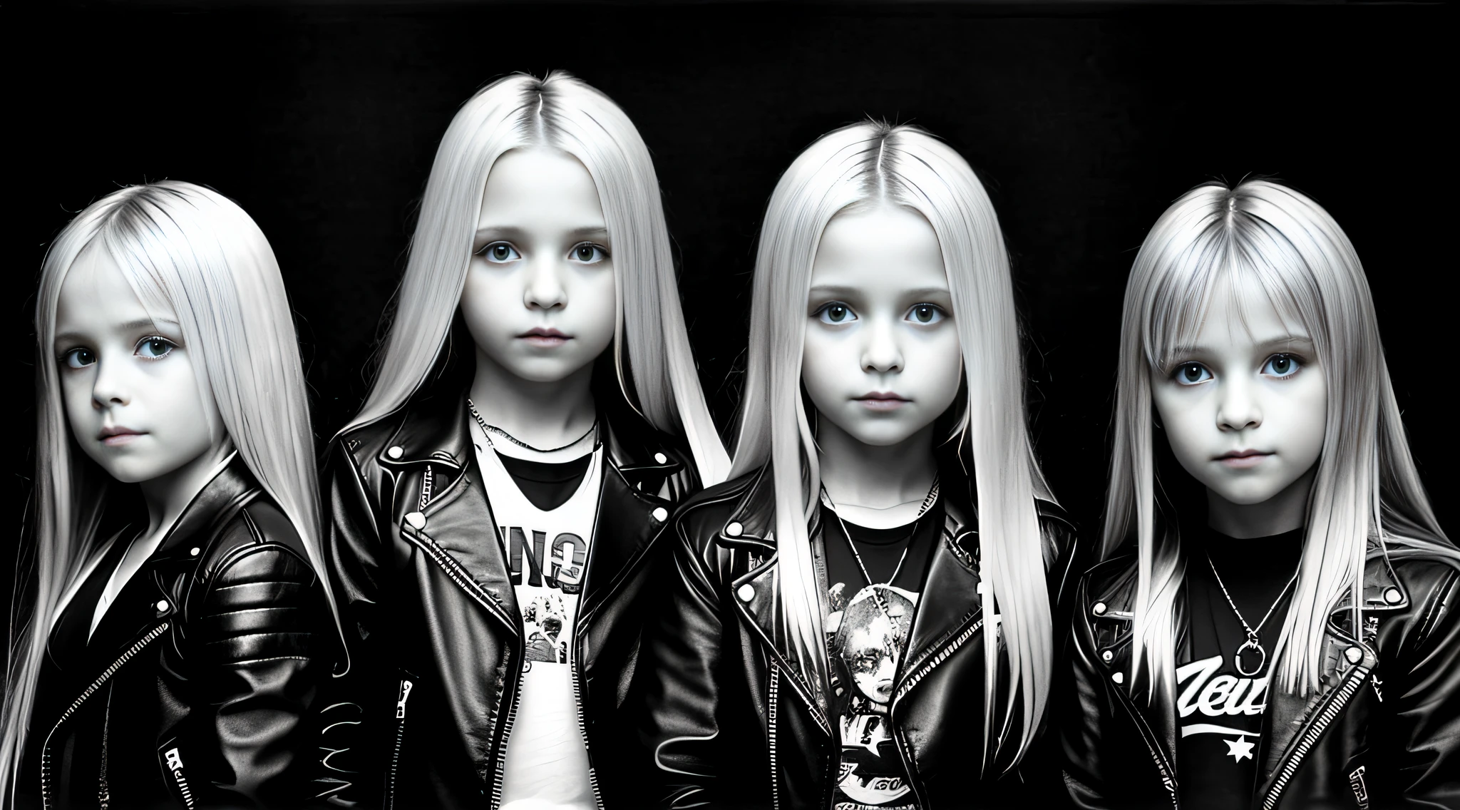 3 GIRLS Russian children 10 years old, WITH LONG BLONDE STRAIGHT HAIR, WITH BLACK LEATHER JACKETS, PORTRAIT STYLE singing into a microphone, facing sideways, profile picture, February), concert photo, johnny, chains, edge to edge, rob, lit up from the side