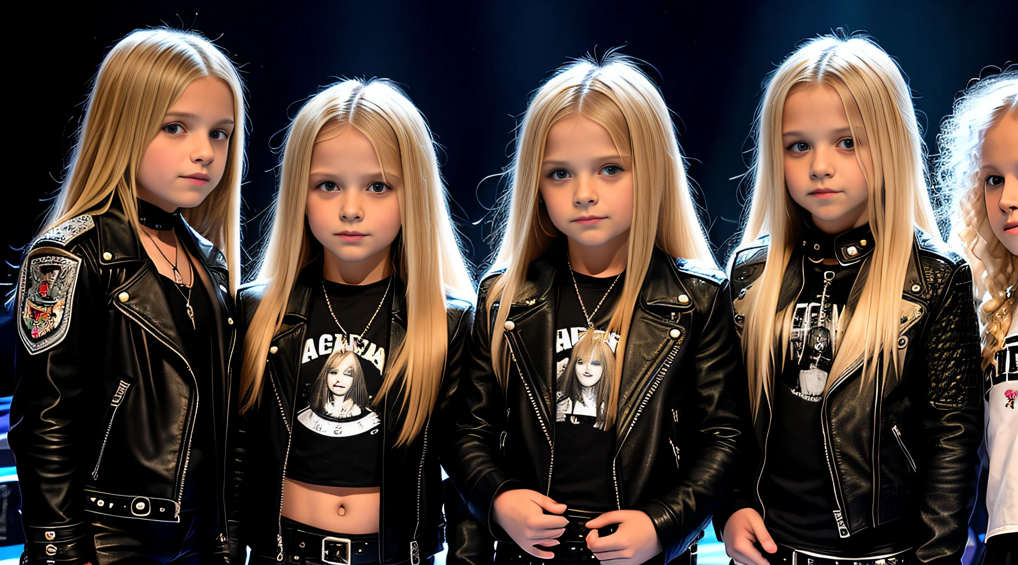 3 GIRLS Russian , WITH LONG BLONDE STRAIGHT HAIR, WITH BLACK LEATHER JACKETS, PORTRAIT STYLE singing into a microphone, facing sideways, profile picture, February), concert photo, johnny, chains, edge to edge, rob, lit up from the side