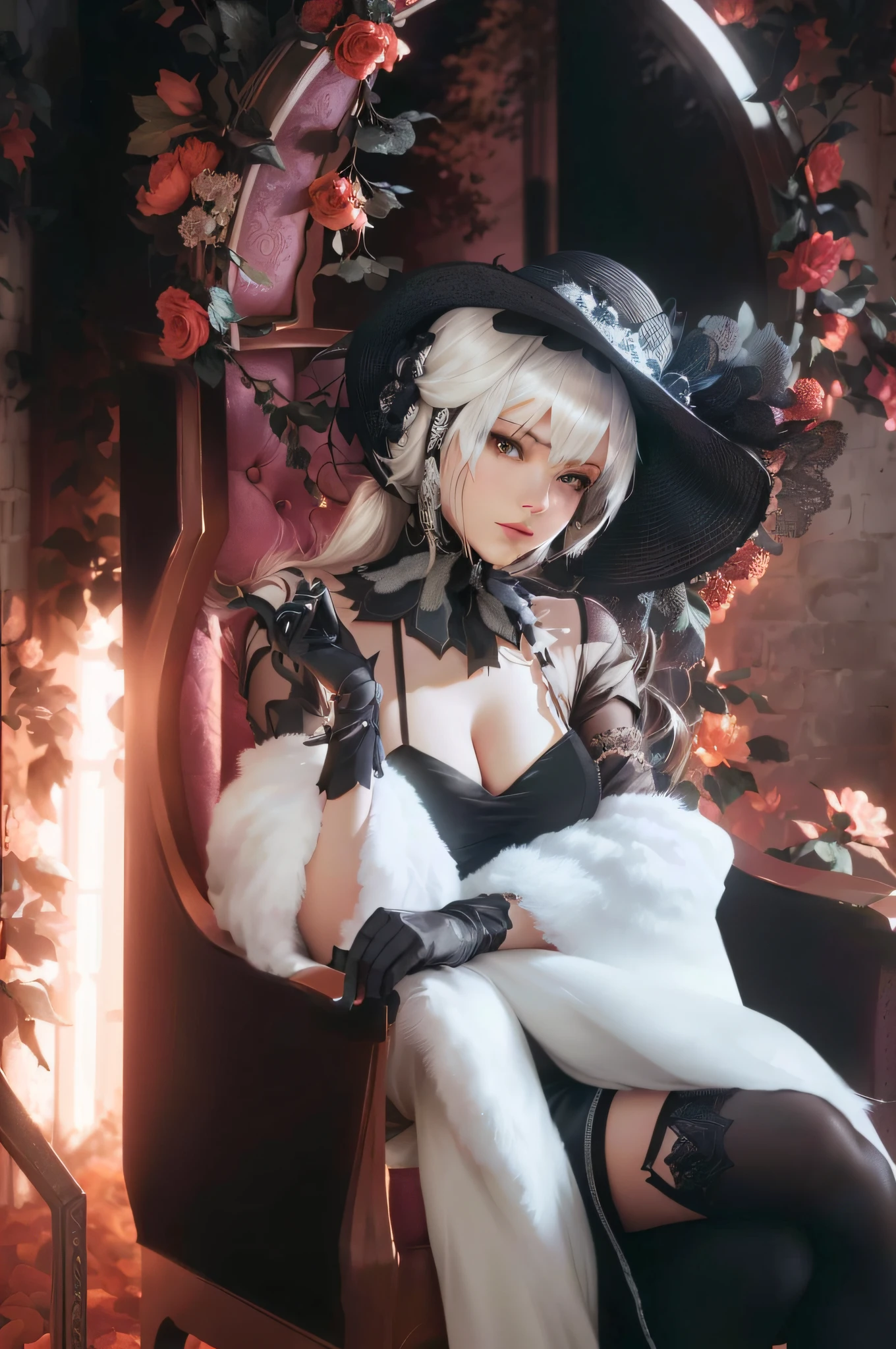 a close up of a woman in a hat and dress sitting on a chair, 2b from nier automata, 2 b from nier automata, 2b, 2 b, anime girl cosplay, nier inspired, marisa kirisame, elegant glamourous cosplay, nier:automata inspired, nier : automata inspired, 2b nier automata, glamourous cosplay