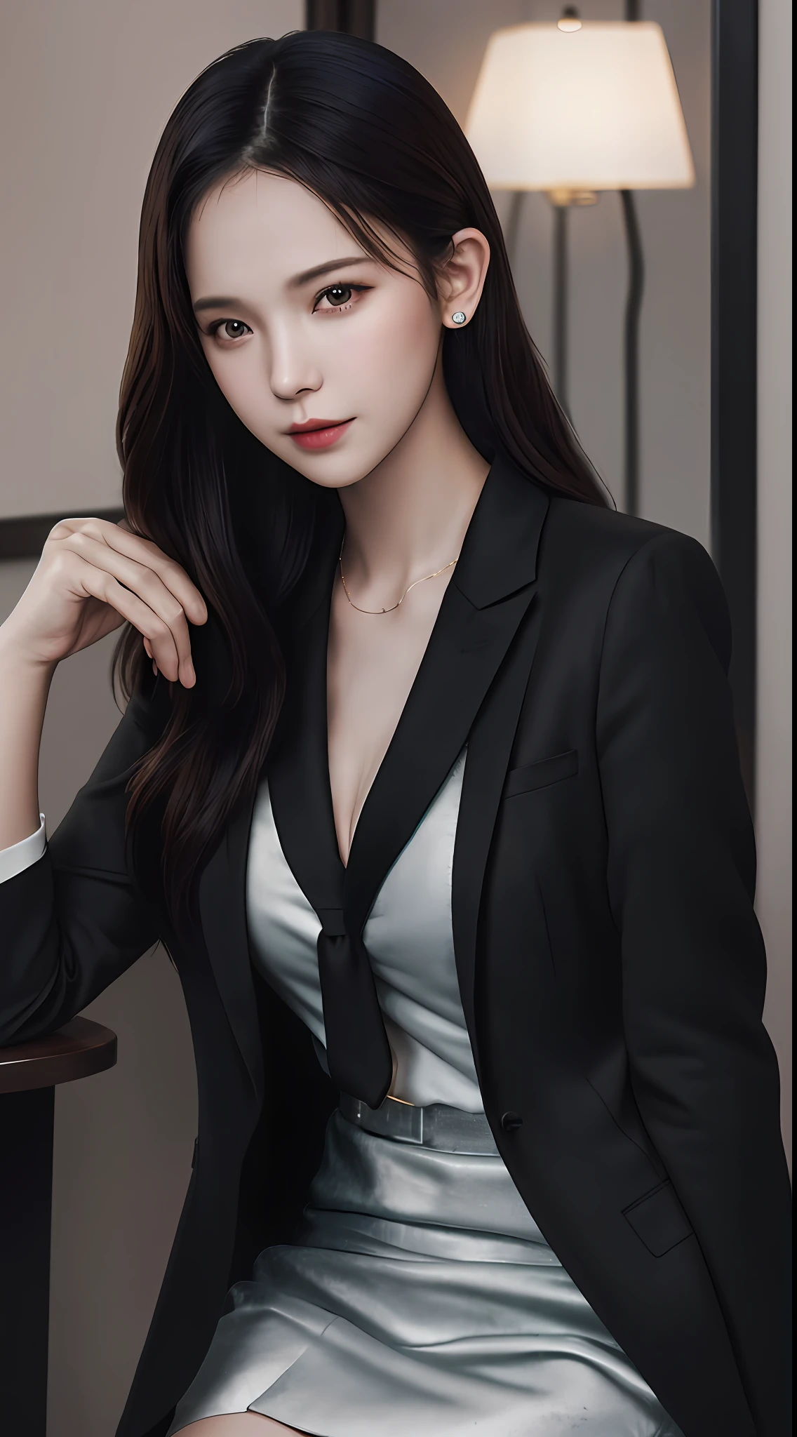 Top Quality, Masterpiece, 1 Girl, Beautiful Face, (Photorealistic Picture:1.3), Rim Lighting, (High Detail Skin:1.2), 8K UHD, DSLR, High Quality, High Resolution, 4K, 8K, Absurdity, Best Ratio Four Fingers and One Thumb, (Real:1.3), Cute One Girl, Wearing Black Formal Blazer, Midchest, Short Skirt,Background Office,Bokeh