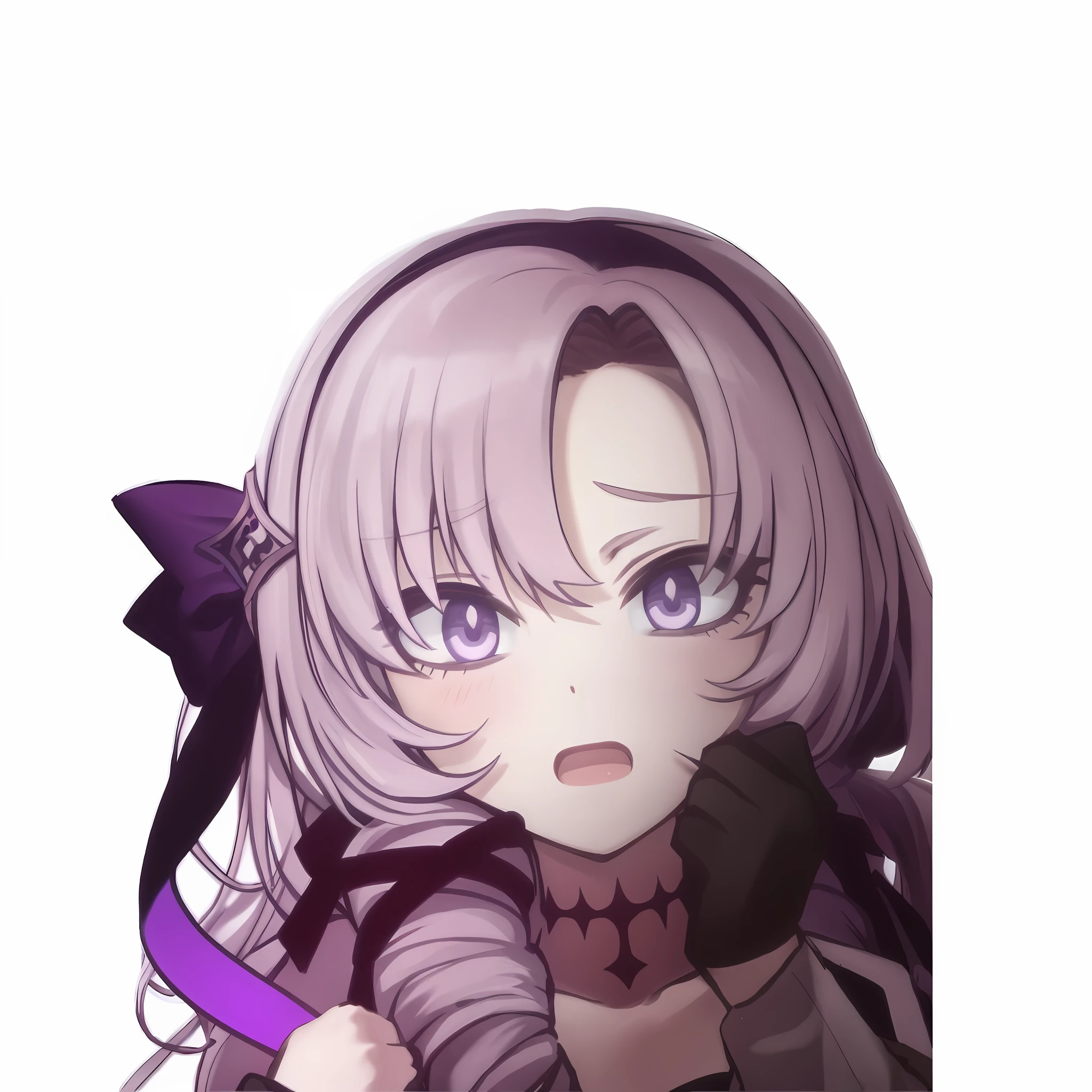 scared expression, panic, open mouth, drill hair, purple ribbon, purple eyes, lilac hair, off-shoulder