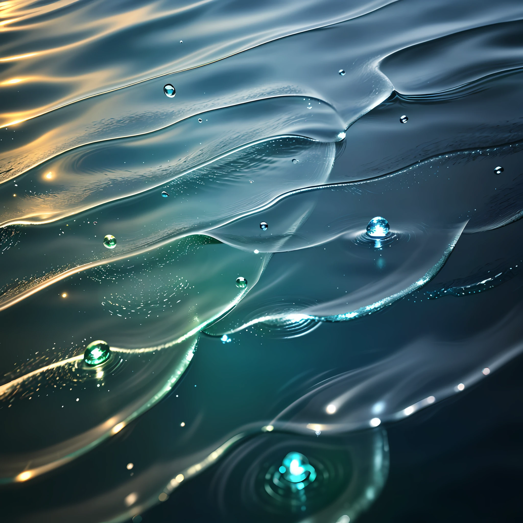 abstract, edge of water, bubbles, drops, photorealistic photo, translucent, avant-garde, water droplets, smooth flow, light waves, glow, haze