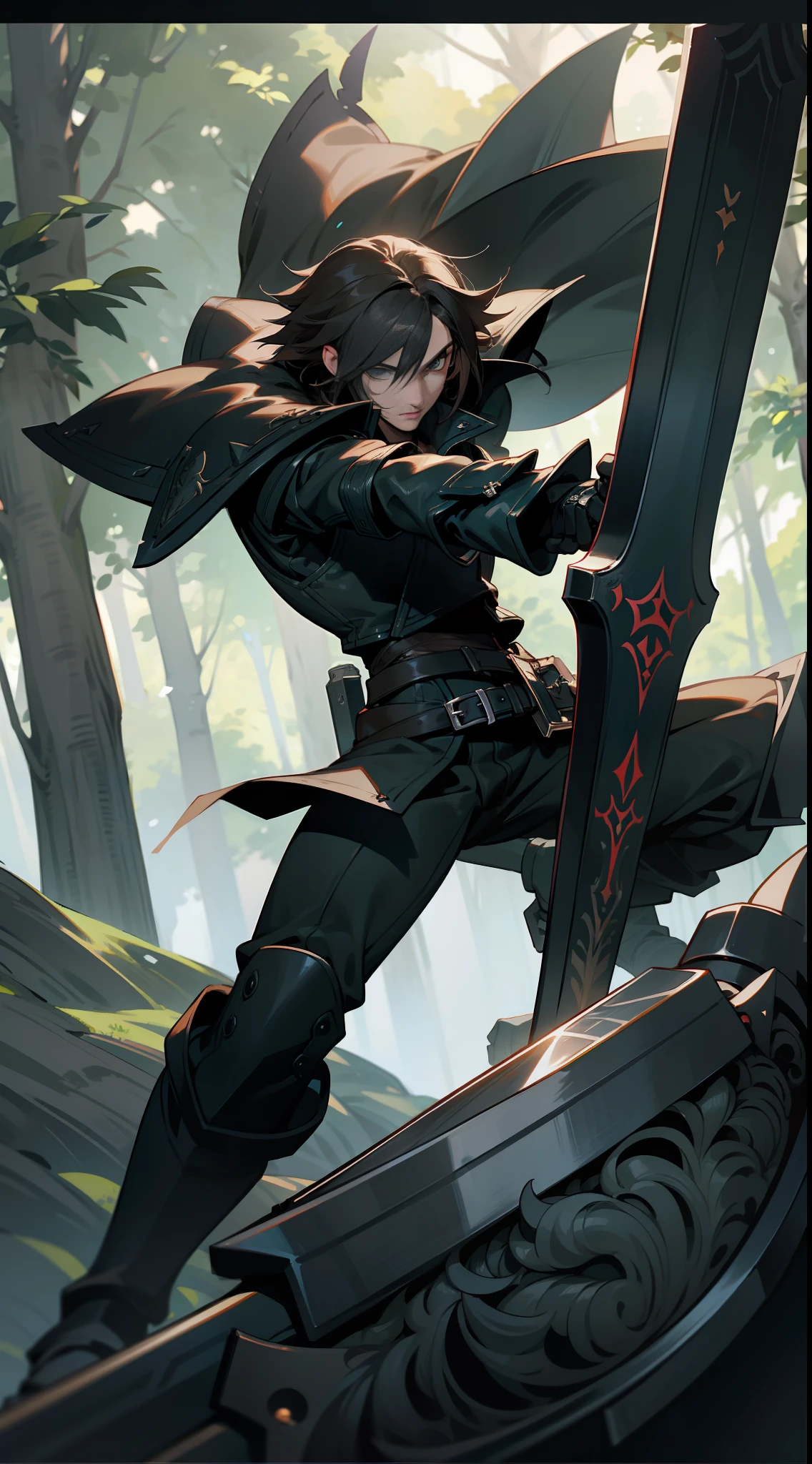Squall, from Final Fantasy 8, wearing a dark black armor, with a large black sword and a shield, full gauntlets, perfect anatomy, perfect face, forest background