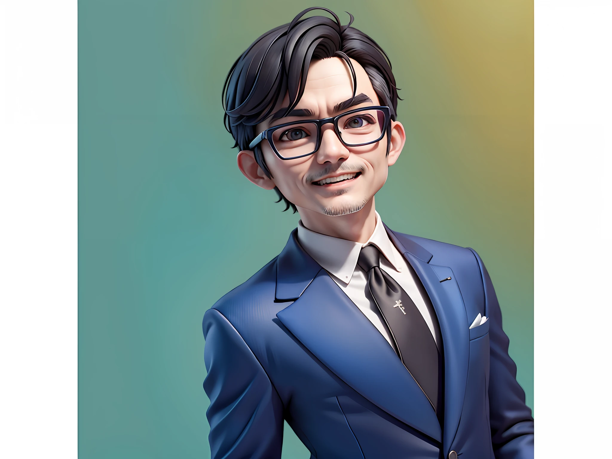 Taiwanese middle-aged uncle male portrait, extremely detailed face, black hair, (super short hair) middle-aged handsome uncle, Taiwanese man, silver glasses, slightly chubby face, very clean face, black super short hair, black eyes, black suit, blue tie, confident smile, digital painting, film, character design of Mark Laedon and Pixar and Hayao Miyazaki, the illustration is a 4K resolution HD illustration with very detailed facial features and cartoon-style visuals.