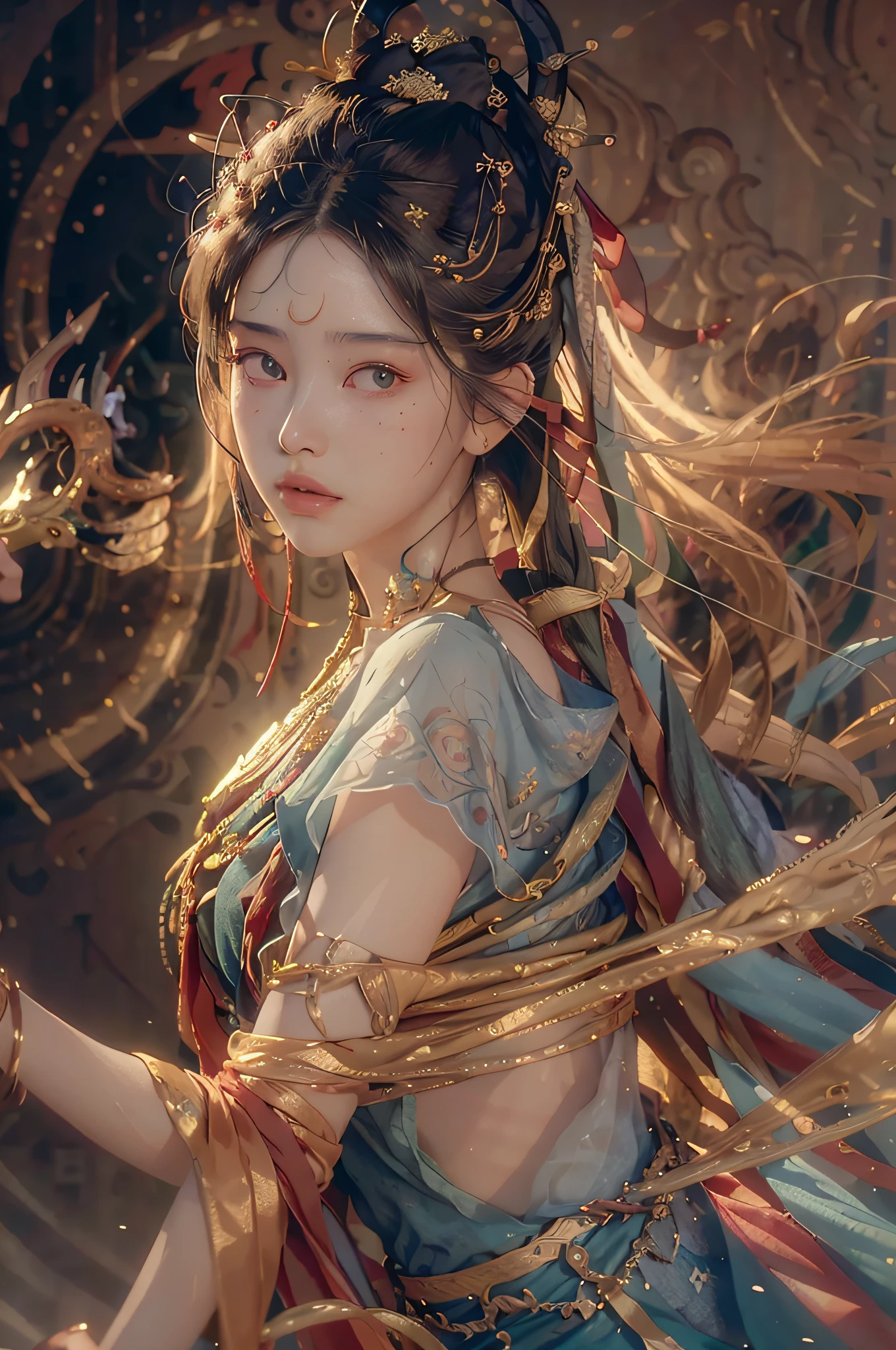 (RAW photo, best quality), (realistic, photo-realistic:1.3),best quality,highly detailed,masterpiece,ultra-detailed,illustration,1girl,upper_body,dynamic angle,world masterpiece theater,messy_long_hair,best quality,extremely detailed CG unity 8k wallpaper,ink,Amazing,cinematic lighting,lens_flare,,dunhuang_style