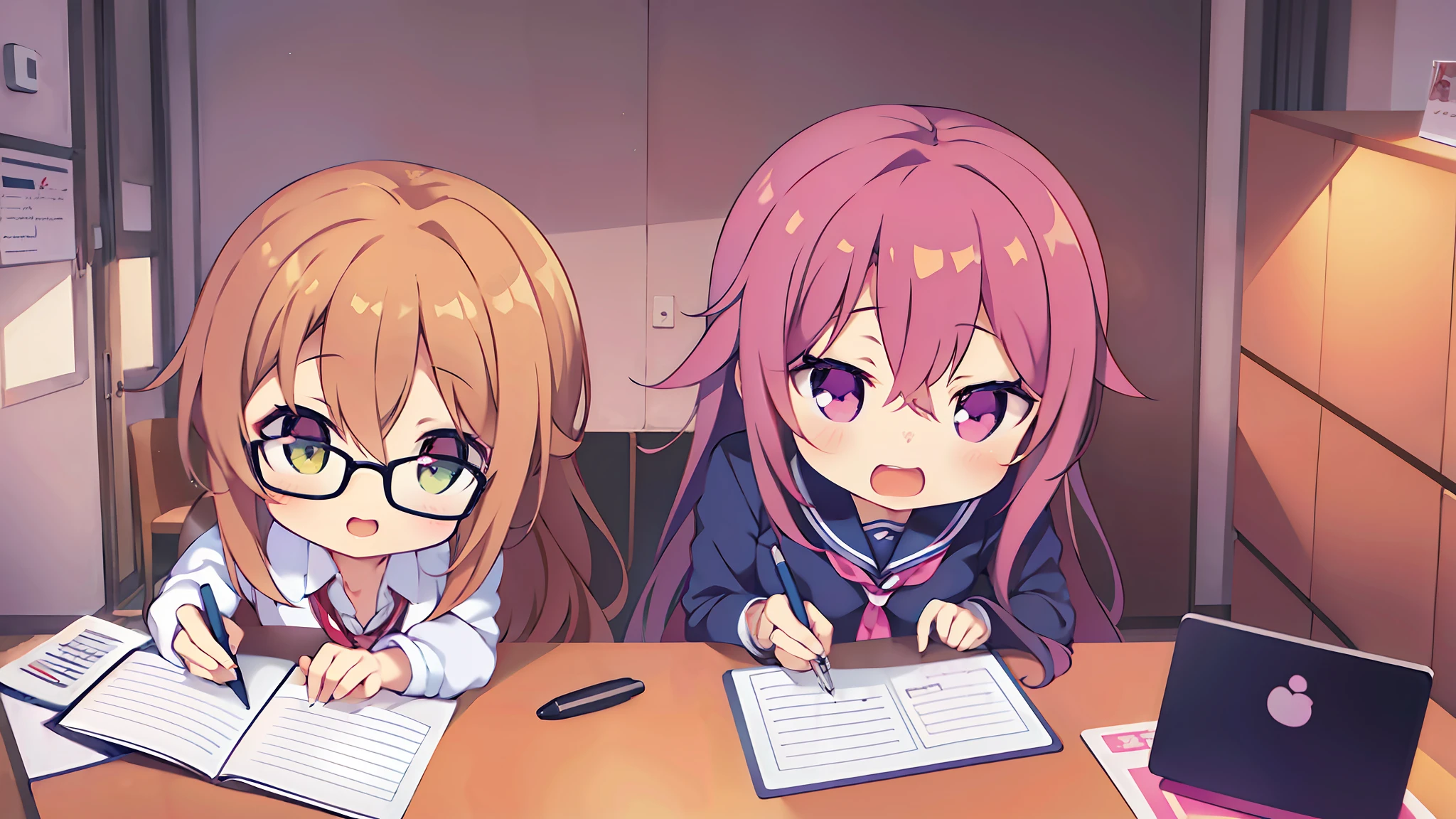 anime characters sitting at a desk with a notepad and pen, ddlc, doki doki literature club, anime moe artstyle, nixeu and sakimichan, marin kitagawa fanart, ecchi anime style, ; visual novel, visual novel cg, two beautiful anime girls, anime art style, realistic anime artstyle, anime girls, visual novel