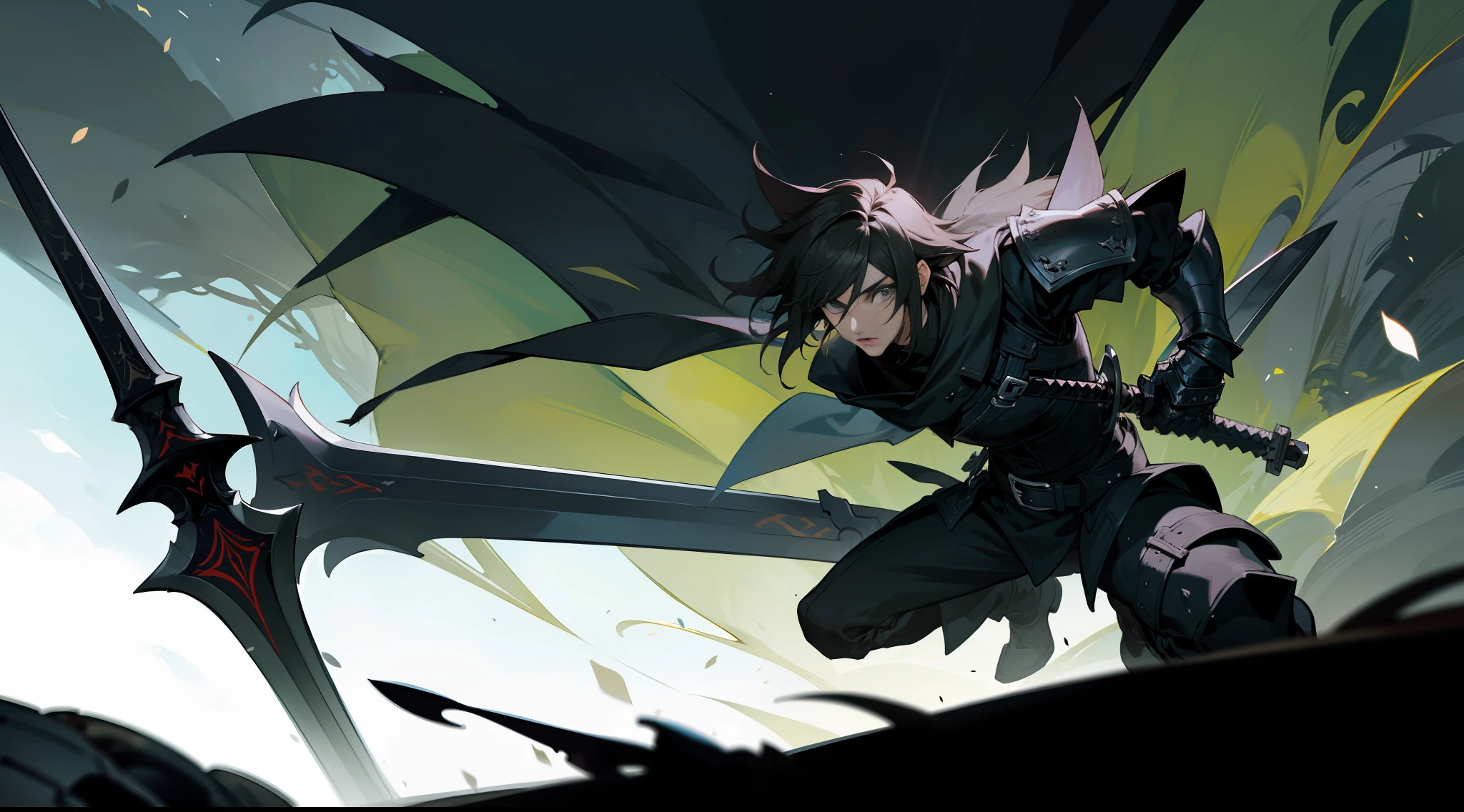 Squall, from Final Fantasy 8, wearing a dark black armor, with a large black sword and a shield, full gauntlets, perfect anatomy, perfect face, forest background