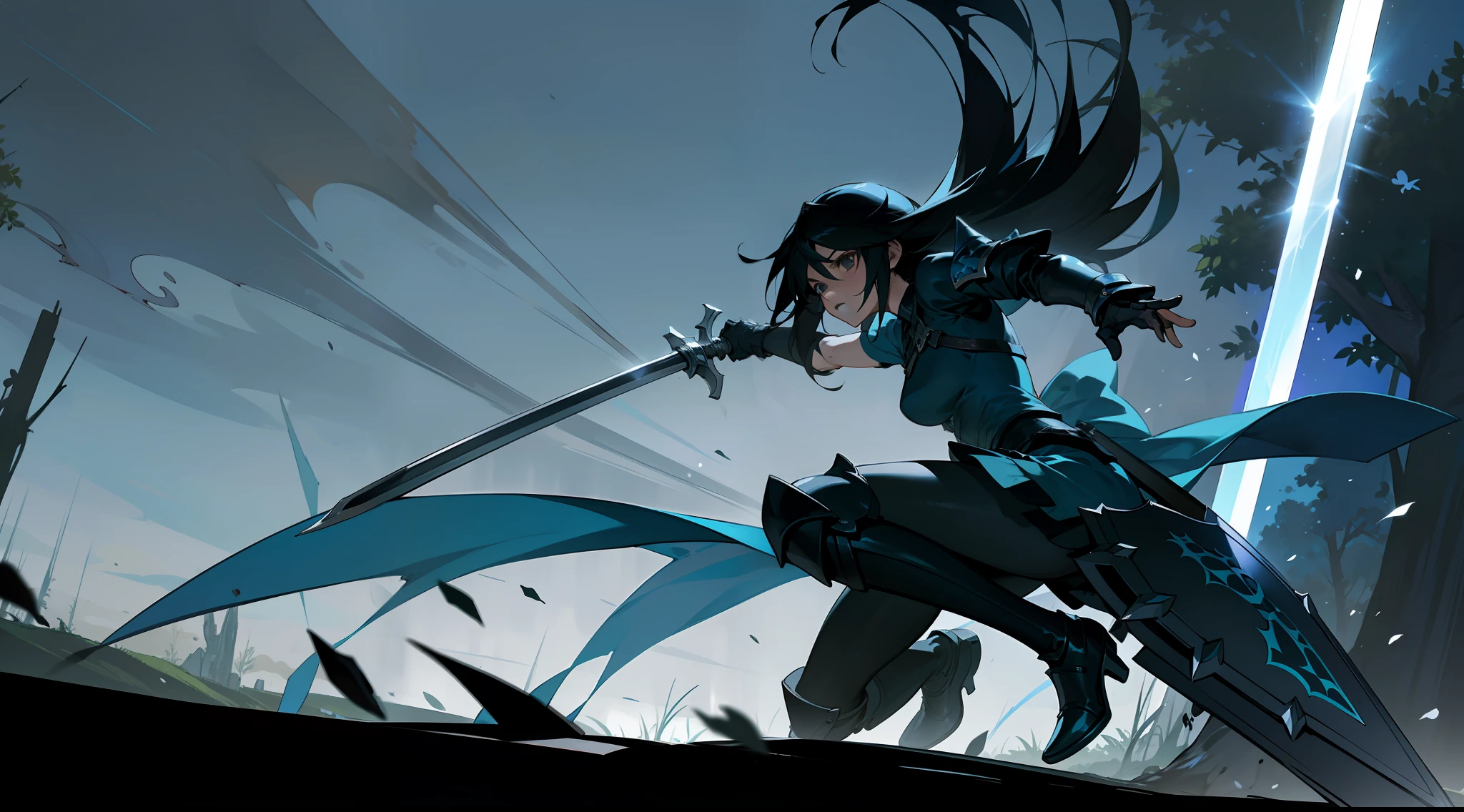 Rinoa, from Final Fantasy 8, wearing a dark blue dress armor, with a large blue sword and a shield, and Squall, from Final Fantasy 8, wearing a dark black armor, with a large black sword, full gauntlets, perfect anatomy, perfect face, forest background