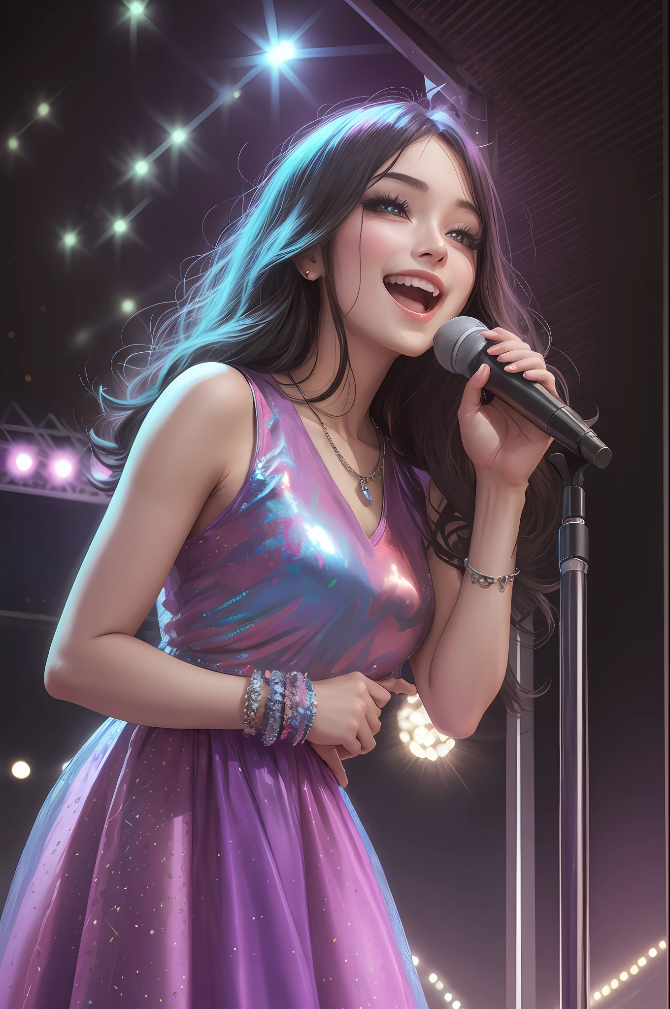 always with idol,colorful plain clothes,fantastic,glamorous,outdoor,safe,sparkle,adult,woman,solo,smile,watch viewer,microphone hold,outdoor stage,idol,beauty
