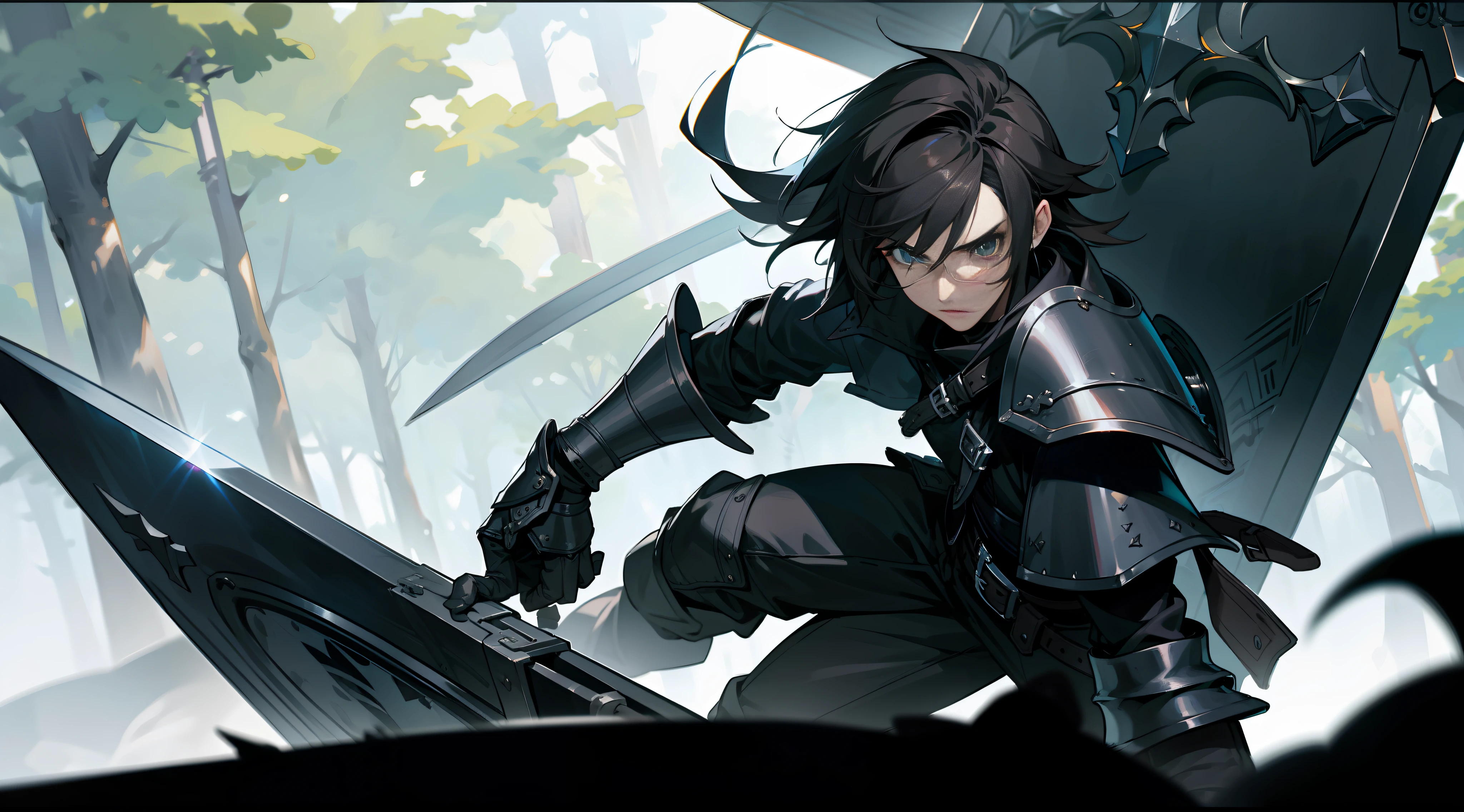 Squall, from Final Fantasy 8, wearing a dark black armor, with a large black sword and a shield, full gauntlets, perfect ???????, perfect face, forest background