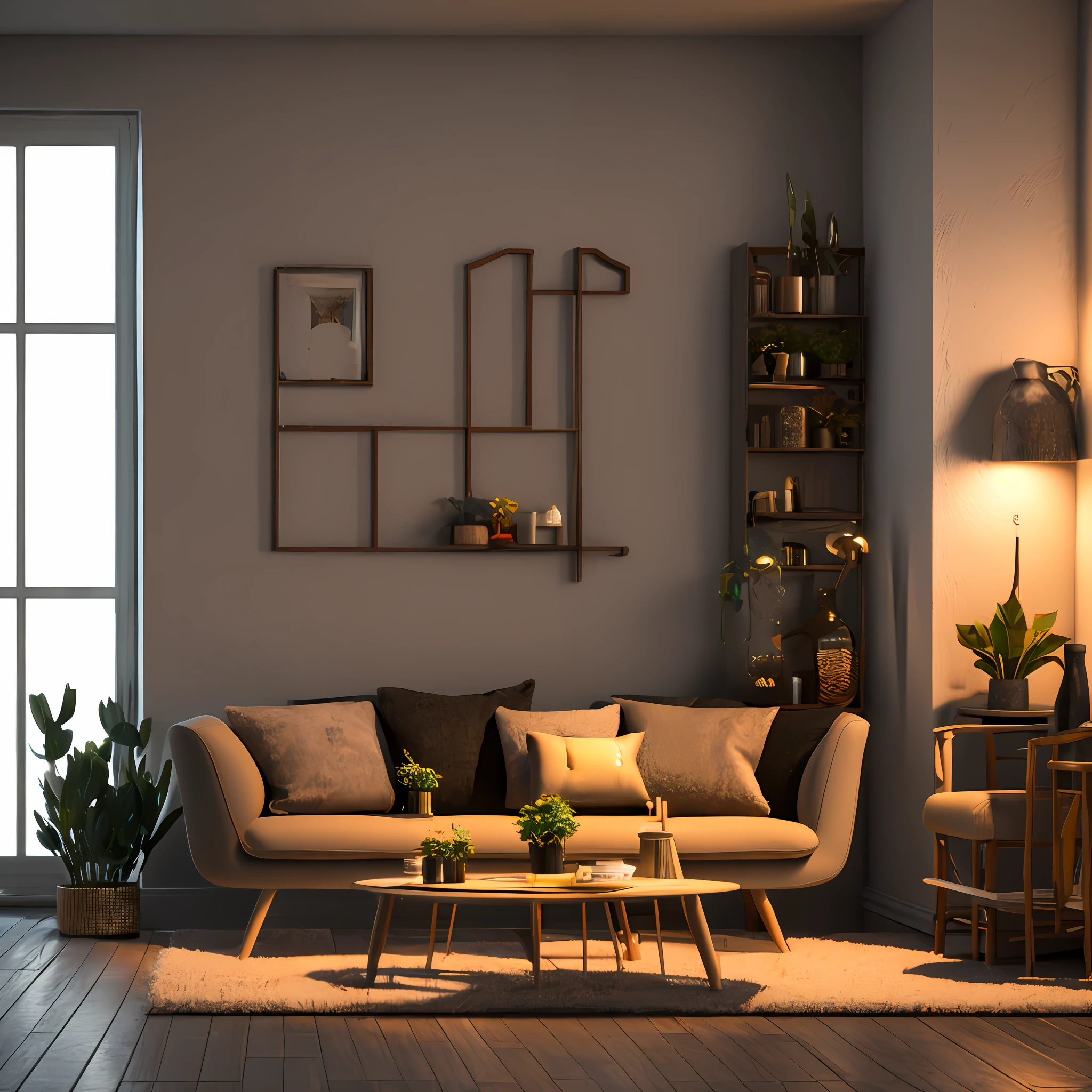 3d render of a vintage, cozy interior lighting, artstation, ultra detailed, cinematic, daz, hyper realistic, octane, A realistic dollhouse living room with furniture and window at night. Artwork table decoration with handmade realistic dollhouse, 3DMDT1