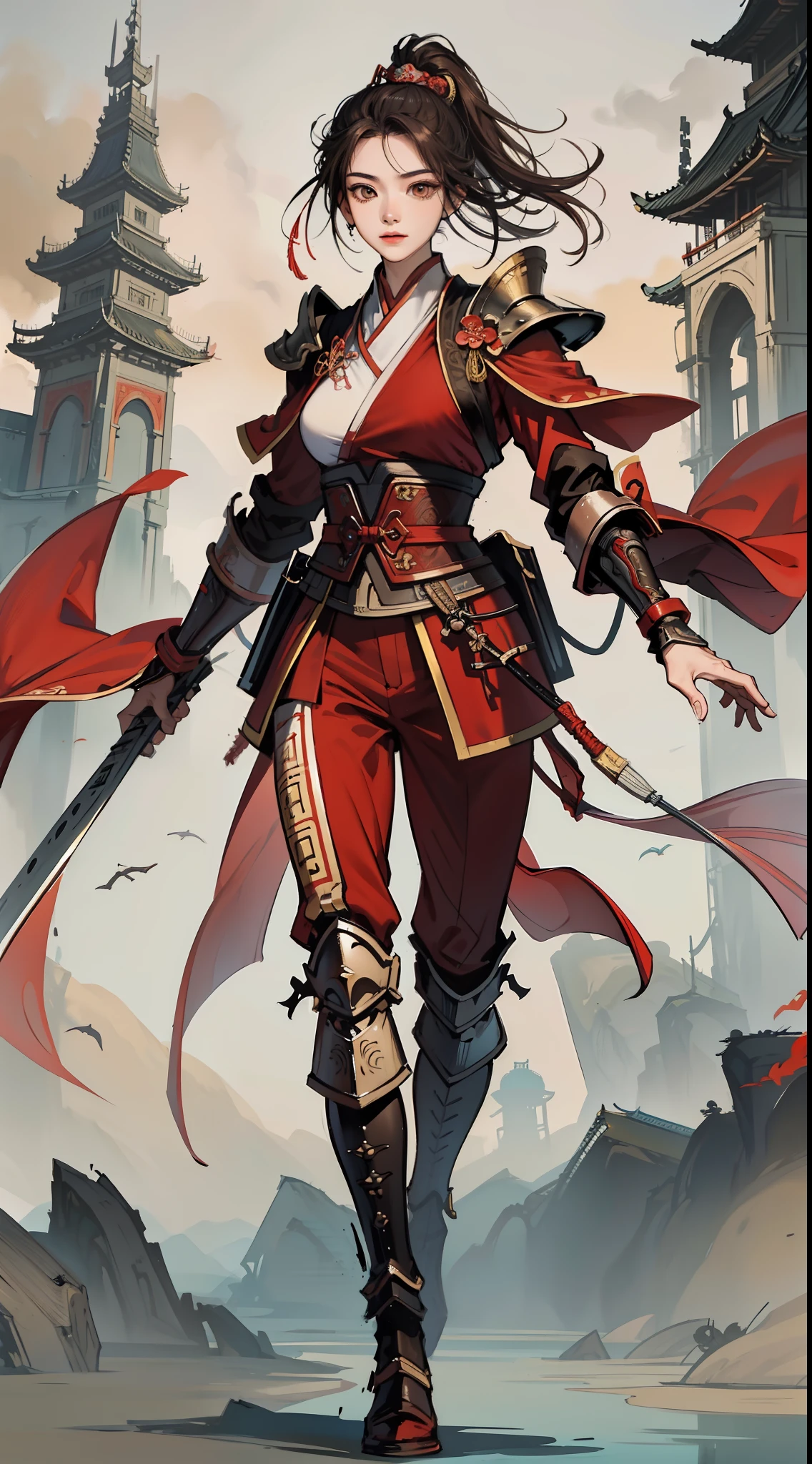 chinoiserie，The background is the ancient Chinese battlefield，An ancient Chinese female general、Holding a matching sword in his hand、Red robes、ARMOUR、A full body，Clear facial features，grim expression，Amazing facial features，Yellow sand is flying in the sky，Fleeing crowds，firelight，Game model，C4D， OCrenderer， edge light，The light is delicate，masterpieces，hyperdetailed，epic composition，Super HD，Quality，Max Quality，32k