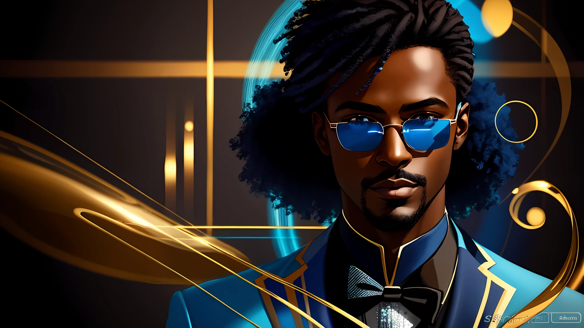 a close up of one dark skinned man (character at the right), black and blue elegant suit, 8k, digital art, stunning digital illustration, no text, blue colored abstract background, music elements, jazz, blues