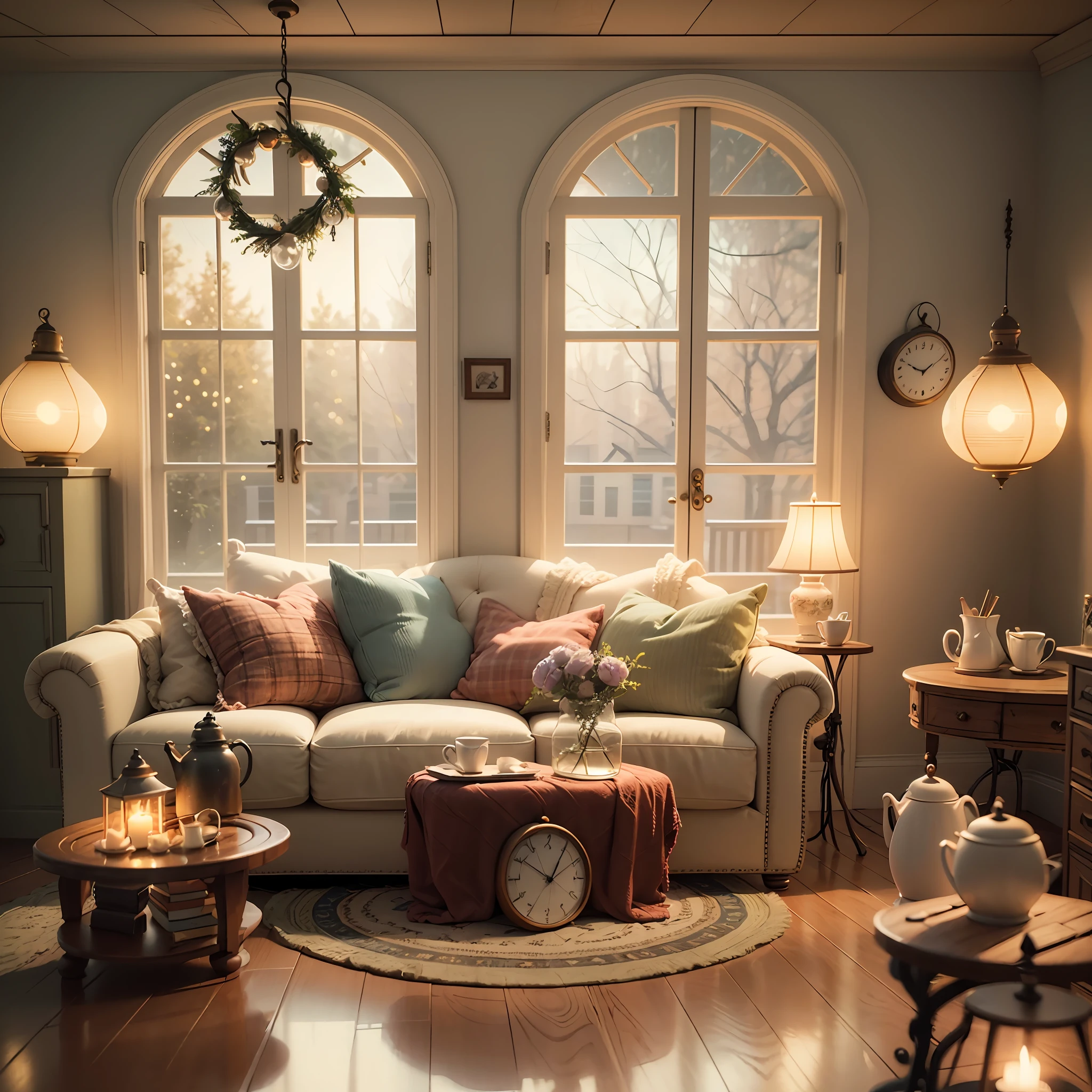 3d render of a vintage, cozy interior lighting, artstation, ultra detailed, cinematic, daz, hyper realistic, octane, A realistic dollhouse living room with furniture and window at night. Artwork table decoration with handmade realistic dollhouse, 3DMDT1 --auto --s2