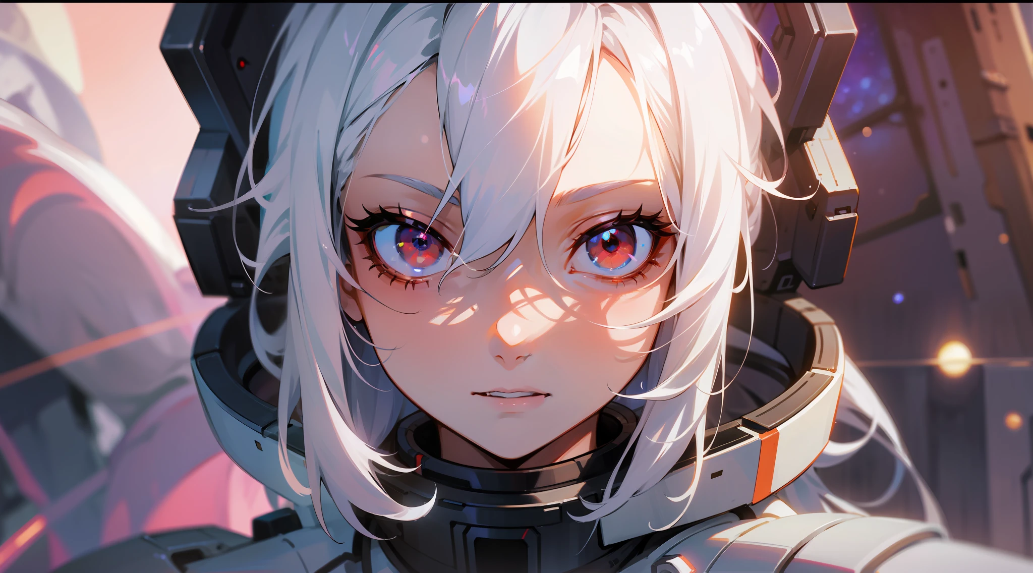 Girl in spaceship, high cold, detailed eyes, shiny white hair, hair between eyes, wearing a space suit, mecha props, red eyes, vampire, vista, HD, depth of field, bokeh, bust, medium shot, luminous special effects, 56mm lens