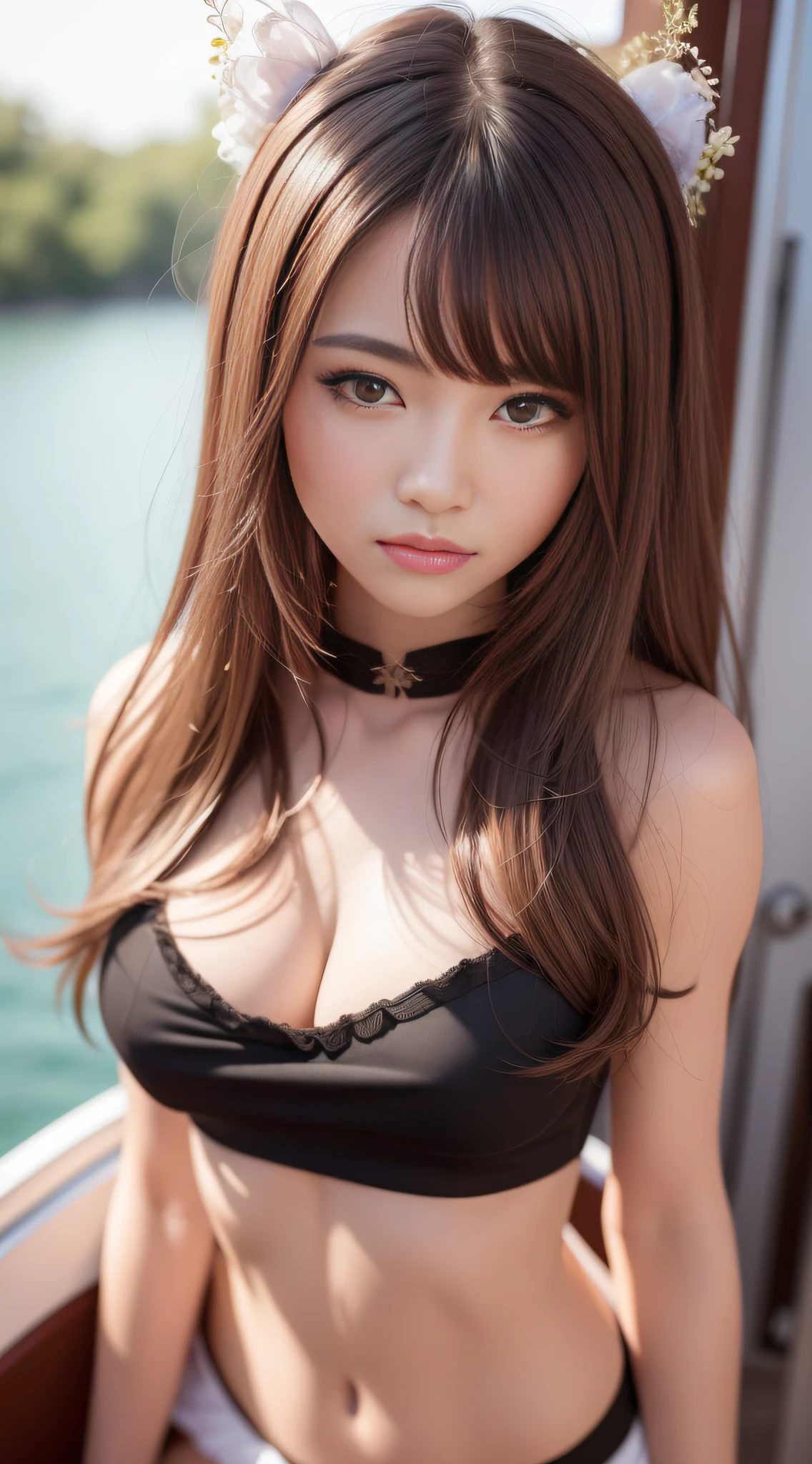 (RAW photo best quality) (realistic photo-realistic: 1.3) best quality masterpiece extremely delicate and beautiful extremely detailed CG unity 32k wallpaper amazing finely detailed masterpiece light smile best quality CG unity 32k wallpaper huge filesize ultra-detailed highres extremely detailed 1girl chinese girl slim body slender abs small breasts looking into camera (delicate crop top:1) (short ruffle skirt:1) (long hair) (brown hair) sharp focus hyperrealism on a boat