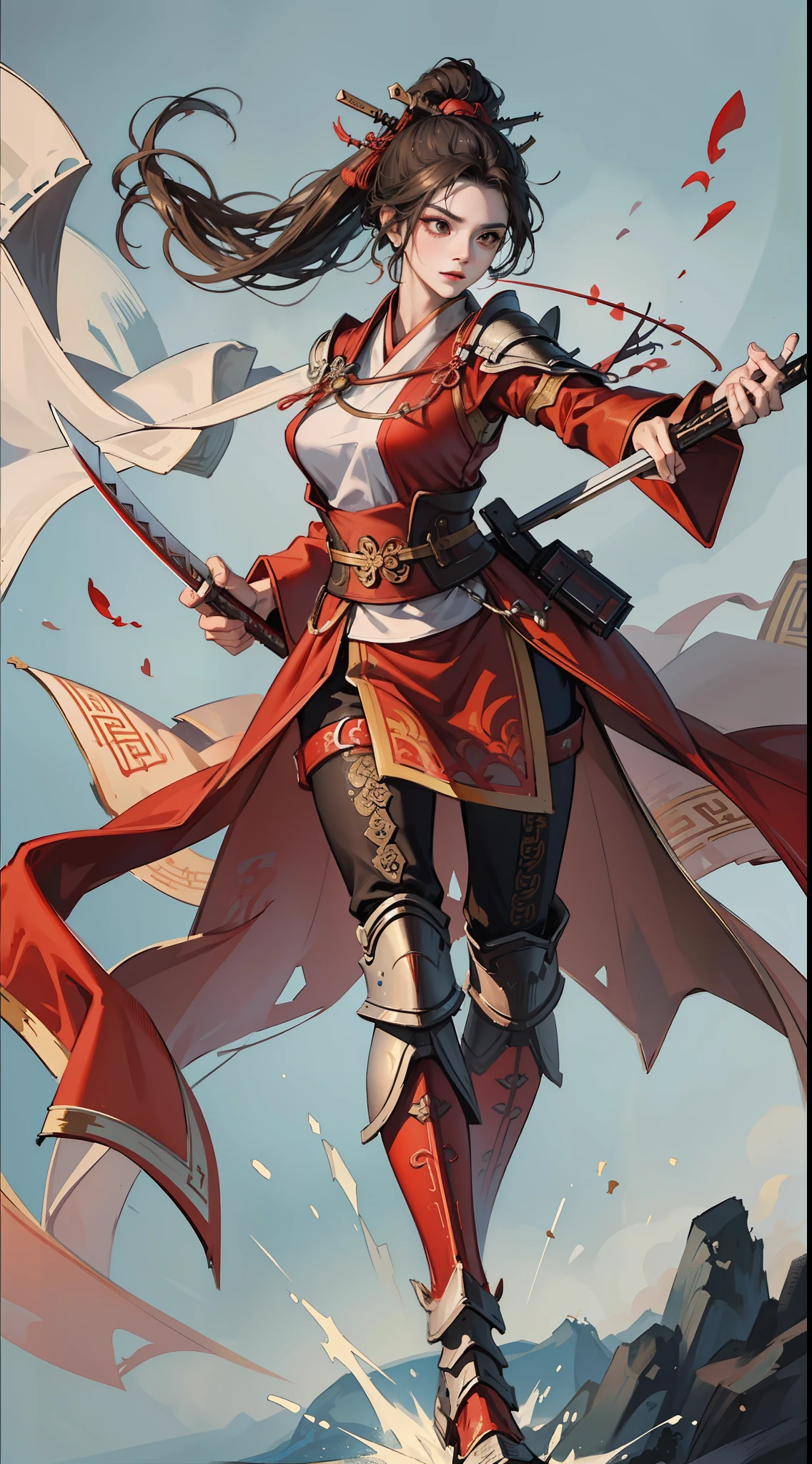 chinoiserie,The background is the ancient Chinese battlefield,An ancient Chinese female general、Holding a matching sword in his hand、Red robes、ARMOUR、A full body,Clear facial features,grim expression,Amazing facial features,Yellow sand is flying in the sky,Fleeing crowds,firelight,Game model,C4D, OCrenderer, edge light,The light is delicate,masterpieces,hyperdetailed,epic composition,Super HD,Quality,Max Quality,32k