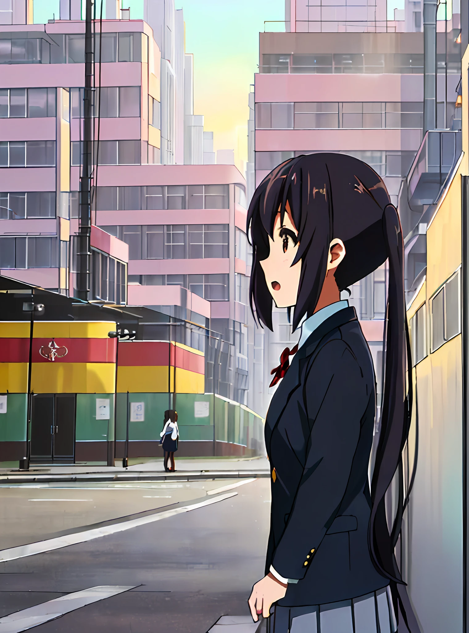 1girl, ((((Masterpiece))), Best Quality, Best Quality, High Detail, Azusa Nakano, 1girl, Sakuragaoka High School Uniform, Musical Instrument, School Uniform, Twin Tails, Long Hair, Black Hair, Brown Eyes, Solo, Red, Dark blue blazer with a thin ribbon of red, Solid white button shirt under blazer, Illustration, Cartoon, Soothing tones, Muted colors, Soft cinematic light, Adobe Lightroom, Photo Lab, HDR, complex and highly detailed, (((depth of field))))). (((Masterpiece))). (((highest quality))).) ((super detail))). (((Illustration))). (((Outside))). (((fighting stance))).,((((Giantization))).dynamic focus.small breasts. (((skyscrapers))). (((Cityscape))). (((Face of sadness))). open mouth.