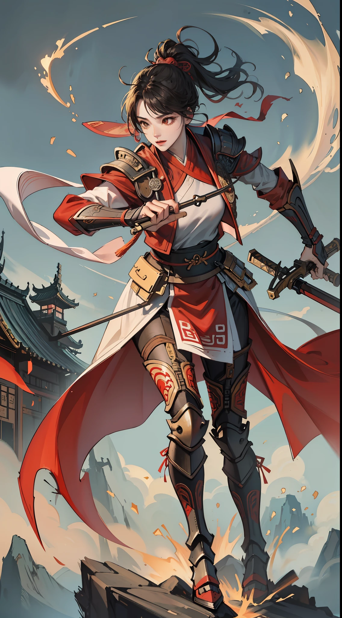 chinoiserie，The background is the ancient Chinese battlefield，An ancient Chinese female general、Holding a matching sword in his hand、Red robes、ARMOUR、A full body，Clear facial features，grim expression，Amazing facial features，Yellow sand is flying in the sky，Fleeing crowds，firelight，Game model，C4D， OCrenderer， edge light，The light is delicate，masterpieces，hyperdetailed，epic composition，Super HD，Quality，Max Quality，32k