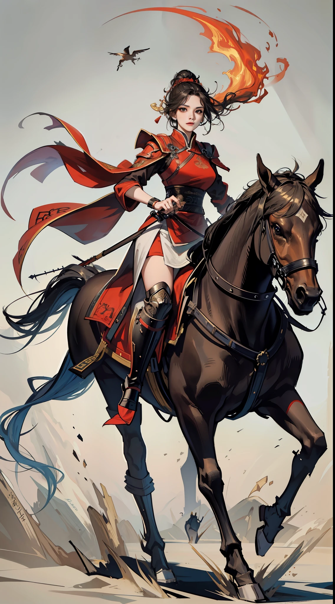 chinoiserie,The background is the ancient Chinese battlefield,A female general rides a war horse、A full body,Clear facial features、grim expression,Facing the audience,Amazing facial features,Red robes,ARMOUR,boots,Yellow sand flying,Fleeing crowds,firelight,Game model,C4D, OCrenderer, edge light,The light is delicate,masterpieces,hyperdetailed,epic composition,Super HD,Quality,Max Quality,32k